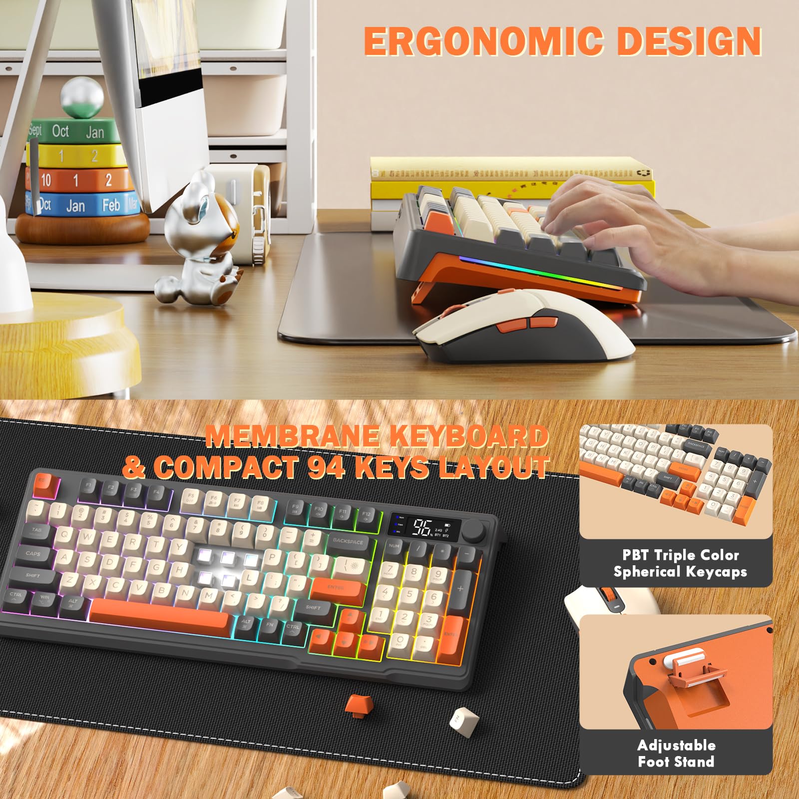 FREEWOLF T96 Teclado y Ratón Inalámbricos, Bluetooth & 2.4G, Teclas PBT, Disposición QWERTY, Pantalla, Silencioso, Anti-Ghosting, Recargable, para Mac/Windows/Linux – Brillar