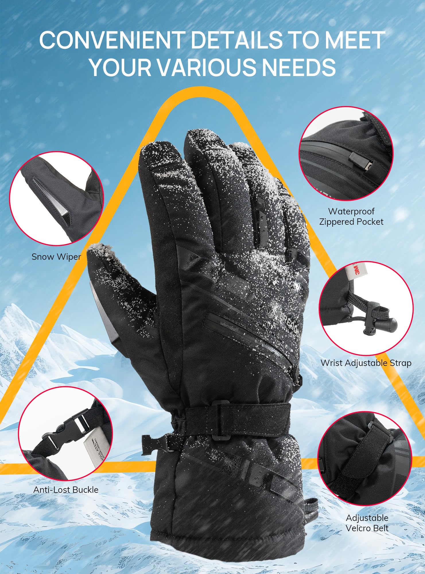 TRENDOUX Guanti da Sci Invernali Impermeabili: Guanti Termici Touch Screen Tempo di Freddo Estremo per Uomo Donna, 3M Thinsulate Caldi Ideale per Snowboard Running Neve Scooter Riscaldati Moto