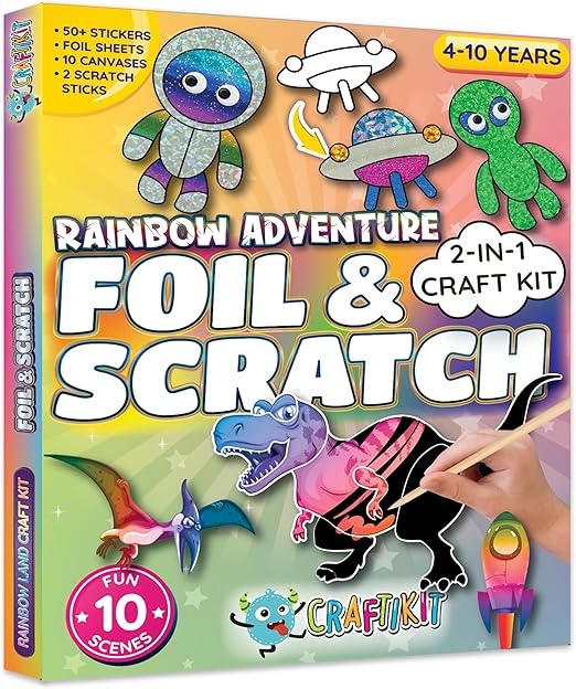 Craftikit ® Rainbow Adventure Foil Art & Scratch Art for Kids- 2-in-1 Arts and Crafts Kit for Kids Ages 4-10 - Rainbow Crafts for Boys Ages 4, 5, 6, 7, 8, 9, 10