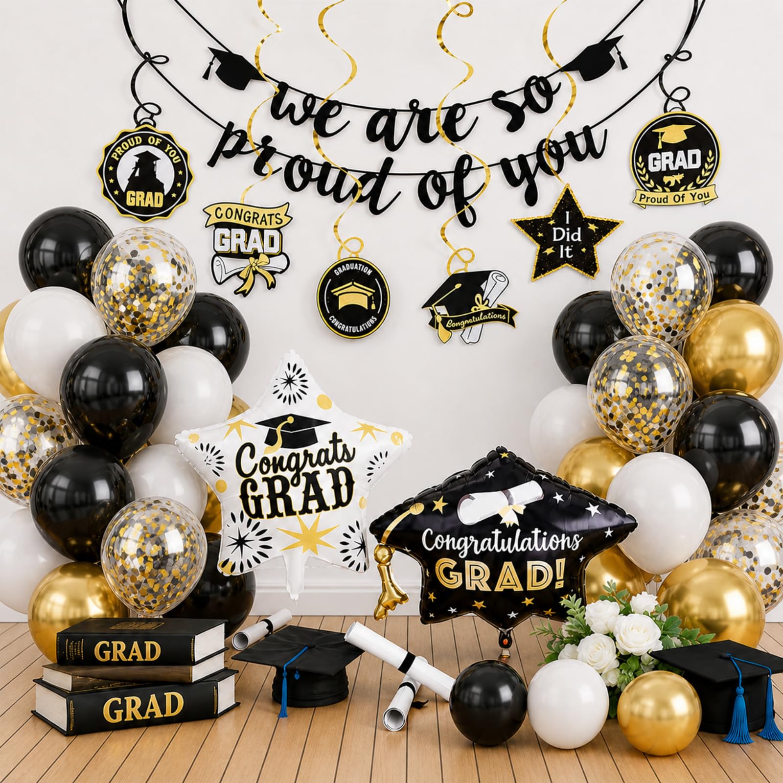 Photo 1 of Graduation Balloons Set Class of 2026, Black and Gold Graduation Decorations We Are So Proud of You Banner Grad Cap Star Foil Latex Balloon and Hanging Swirls for Congrats Grad Balloons Party Decor