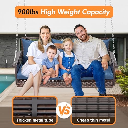 Miniatura 3 de Columpio colgante de mimbre mejorado para porche, resistente de 900 libras, 3 asientos, para patio, para adultos, con cadenas colgantes de 8.9 pies,