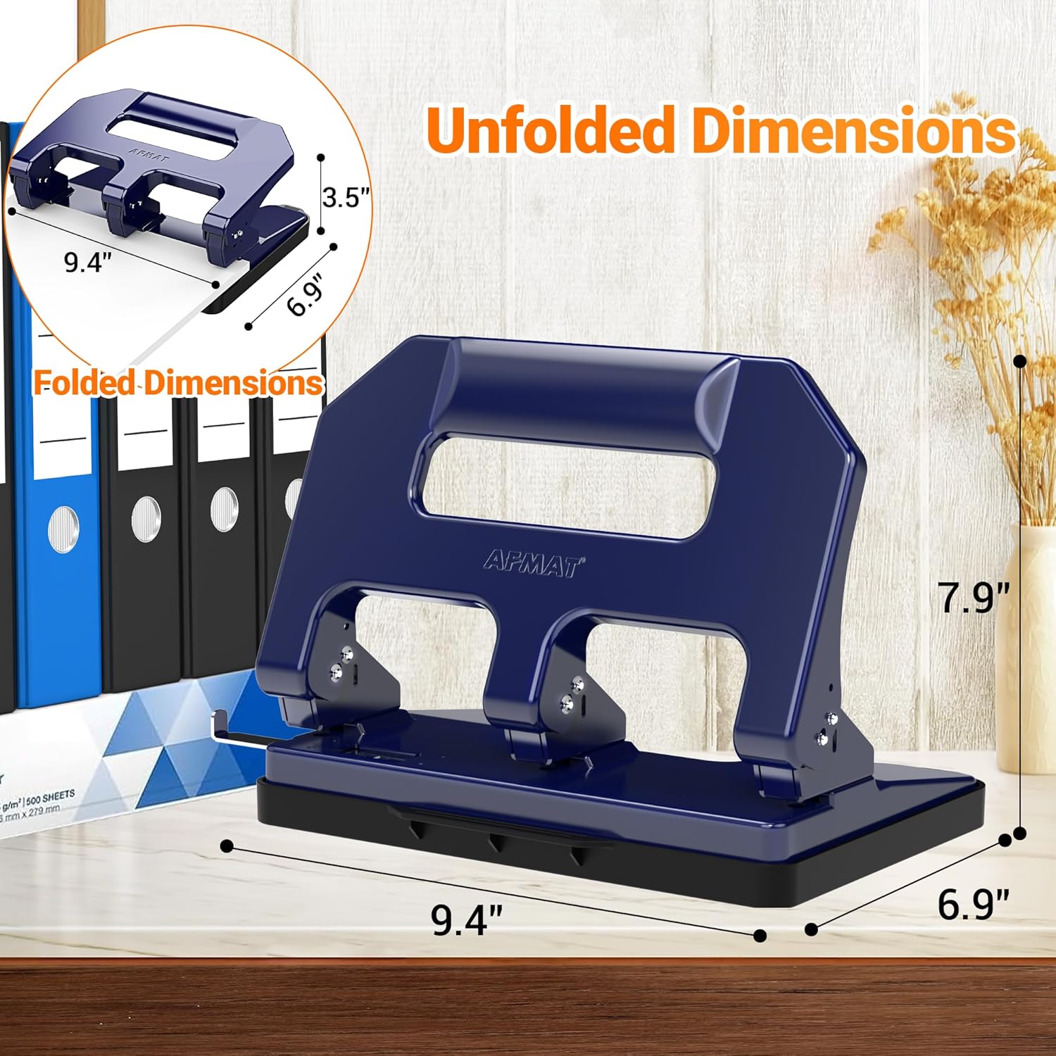 AFMAT Heavy Duty 3 Hole Punch, 3 Hole Puncher for Binder, 40-Sheet Three Hole Punch w/ 10000+ Uses, Metal Hole Puncher 3 Ring, 50% Reduced Effort, 9/32inch Hole, Bulit-in S.S. Paper Guide HPX1 (Blue)