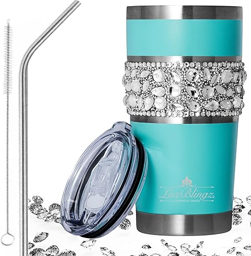 Vaso de acero inoxidable con aislamiento al vacío con tapa y pajita, vaso brillante de 20 onzas con diamantes de imitación, para viaje, para café,