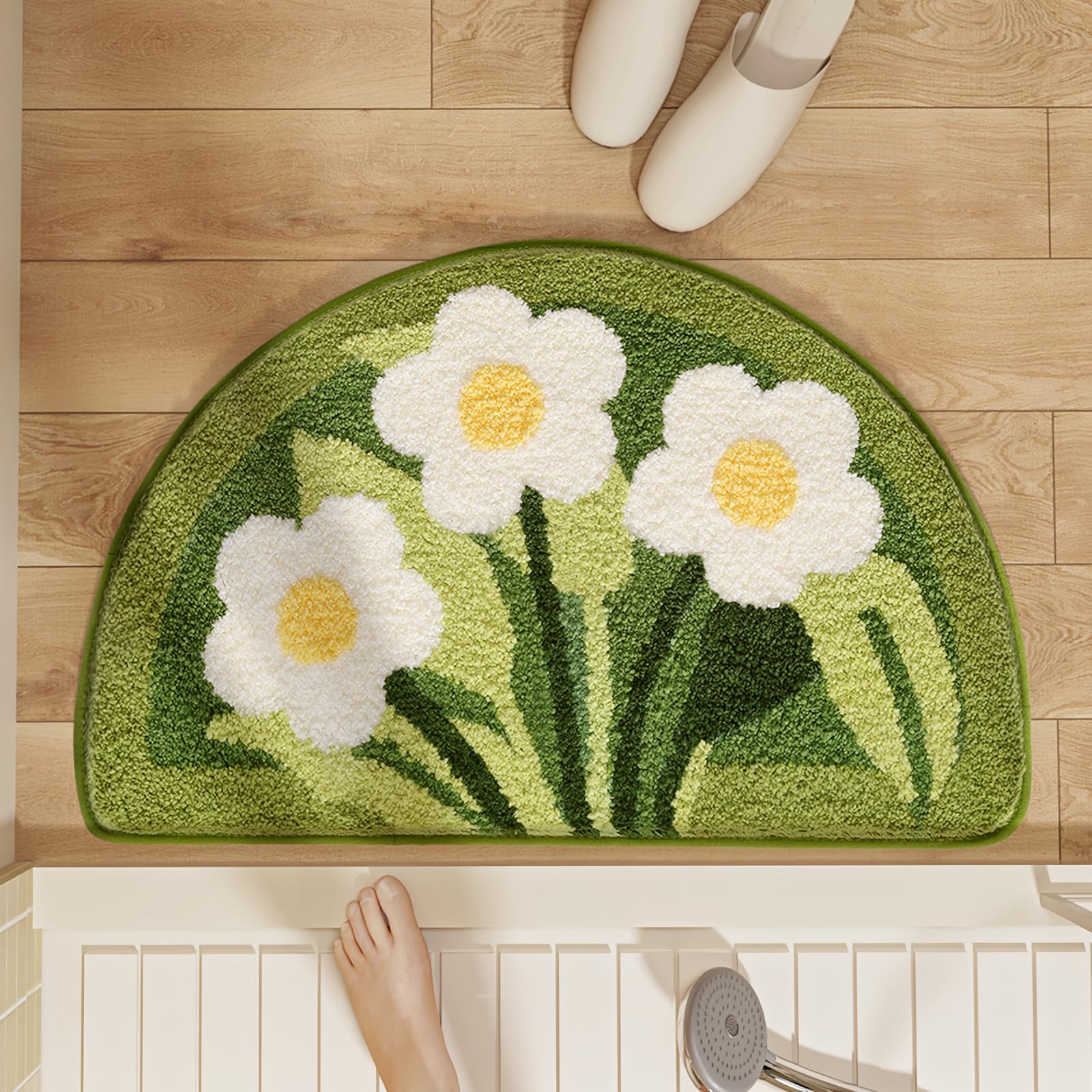 Loismood Cute Floral Bath Mat Super Absorbent Non-Slip Bath Mat Machine Washable Shaggy Rug for Shower, Sink and Living Room (Green, 31"x20")