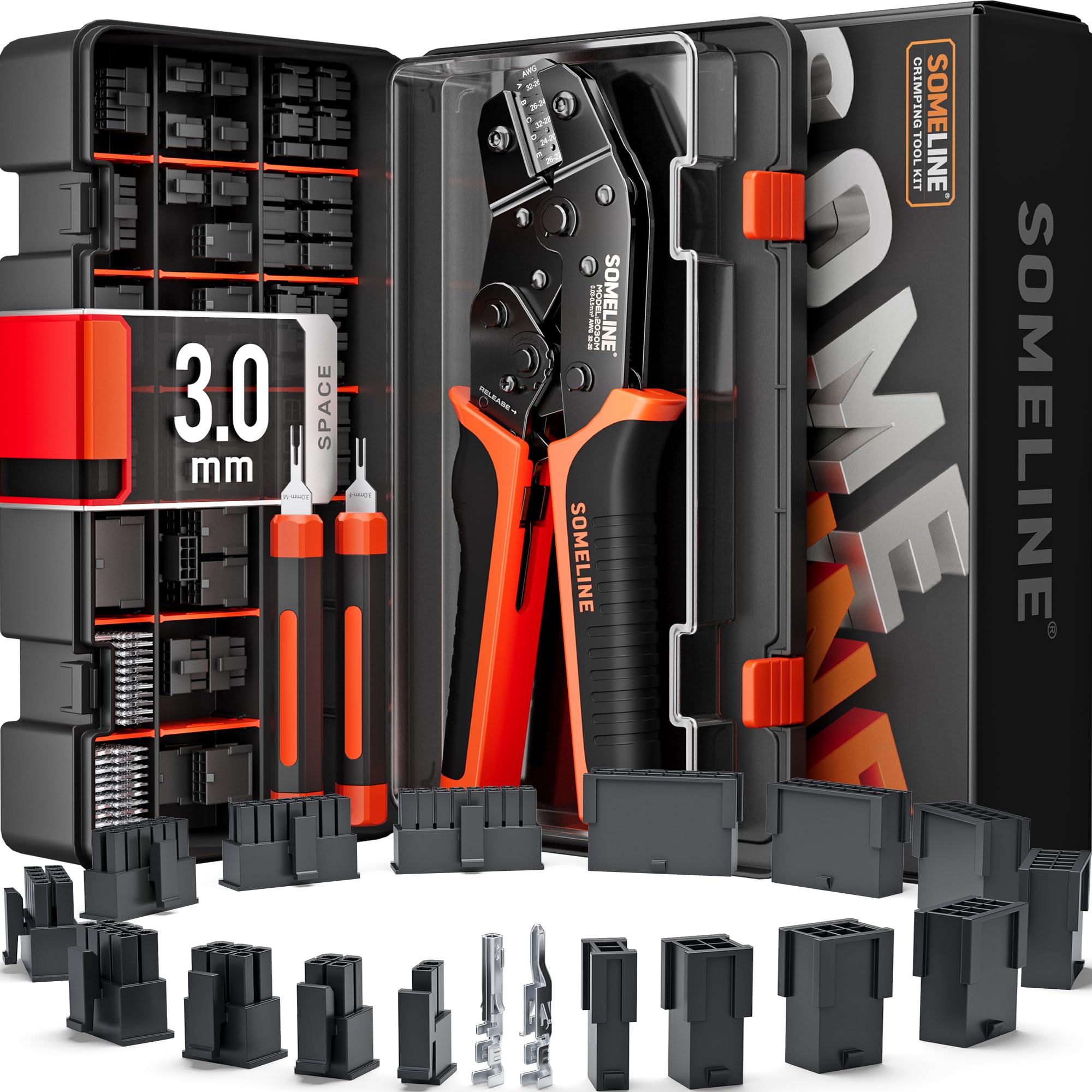 SOMELINE Crimpzange Micro-Fit 3,0 Stecker Set, 2-16 Polig (0,08-0,75mm²/28-18 AWG), mit Auspinwerkzeug, für 3D-Drucker, Modellbau, Robotik & SPS - Crimpwerkzeug kompatibel mit Molex, JST, Dupont, TE