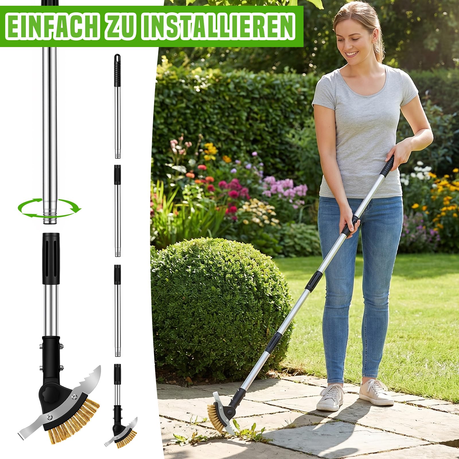 Hysagtek Garten Fugenkratzer - 3-in-1 Fugenbürste Unkraut, 150cm Verstellbarer Unkrautentferner mit Stiel, Fugenreiniger mit Moosbürste und 2 Edelstahl-Schabern Garten, für Treppen, Terrassen, Gehwege