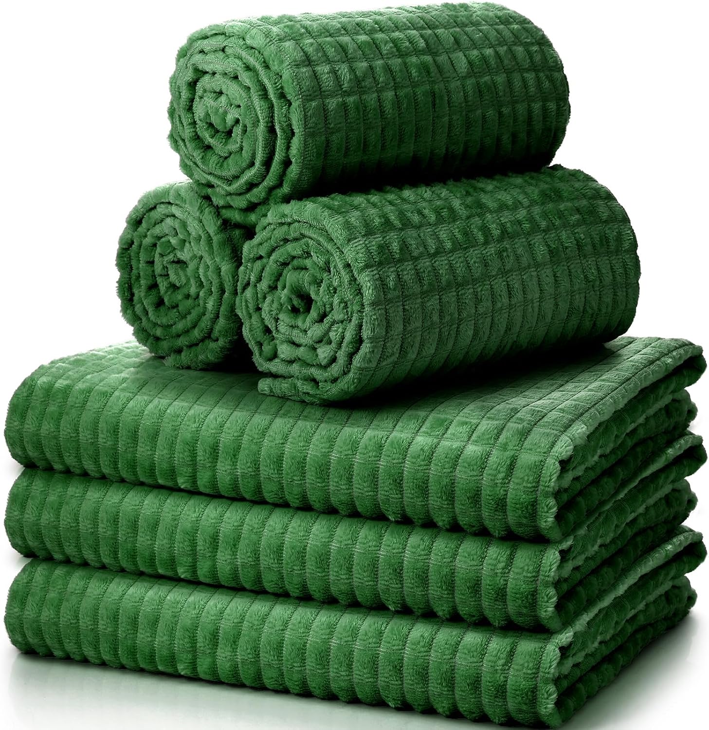 Buryeah 6 Pcs Flannel Fleece Throw Blanket Bulk 50 x 60 Inch Wedding Throw Blanket 3D Jacquard Grid Design Soft for Couch Sofa Chair Donation Homeless Gift (Dark Green)