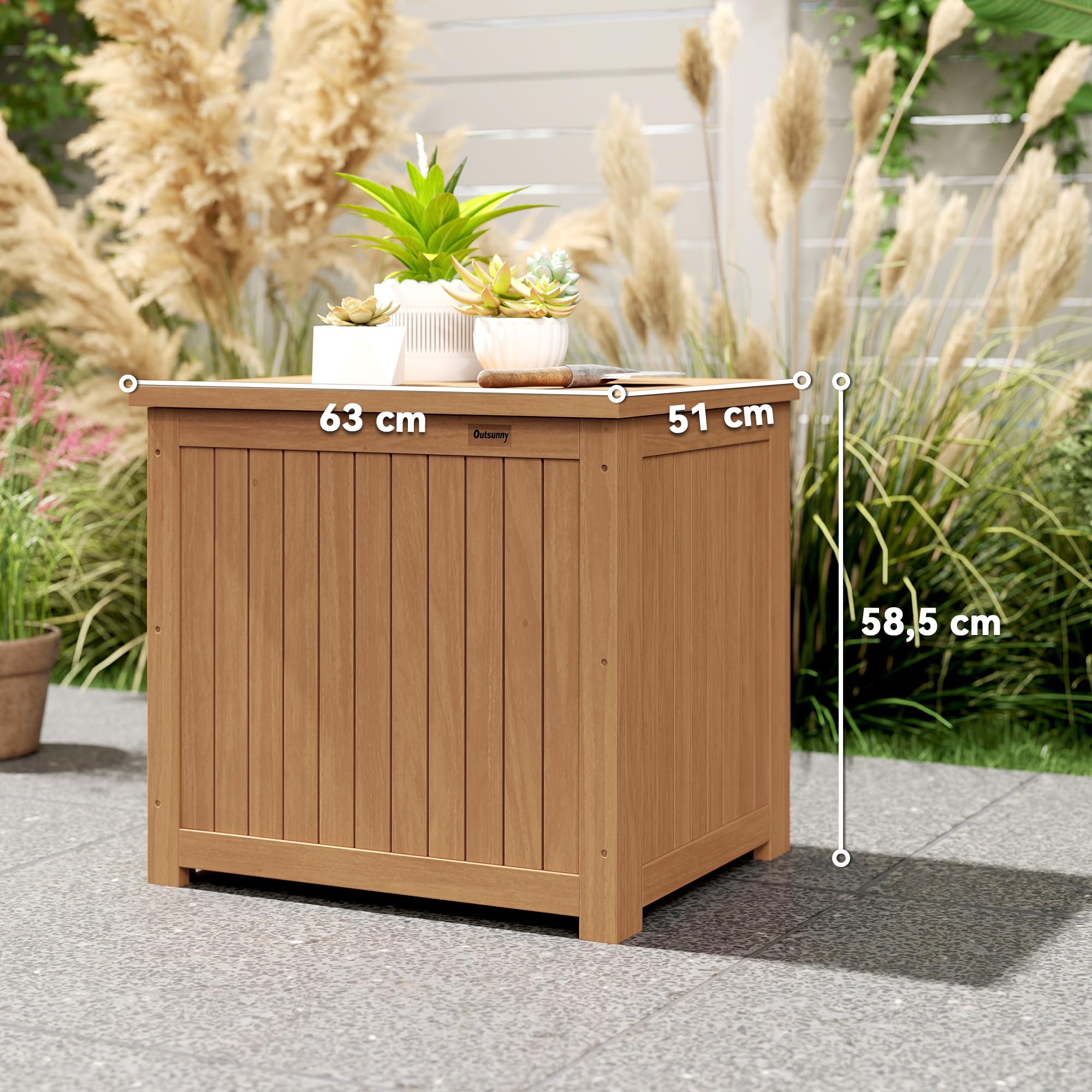 Outsunny Skrzynia do przechowywania z litego drewna 130L ze zdejmowaną podszewką - ławka do przechowywania narzędzi i poduszek na taras i balkon 63 x 51 x 58,5 cm, brązowy