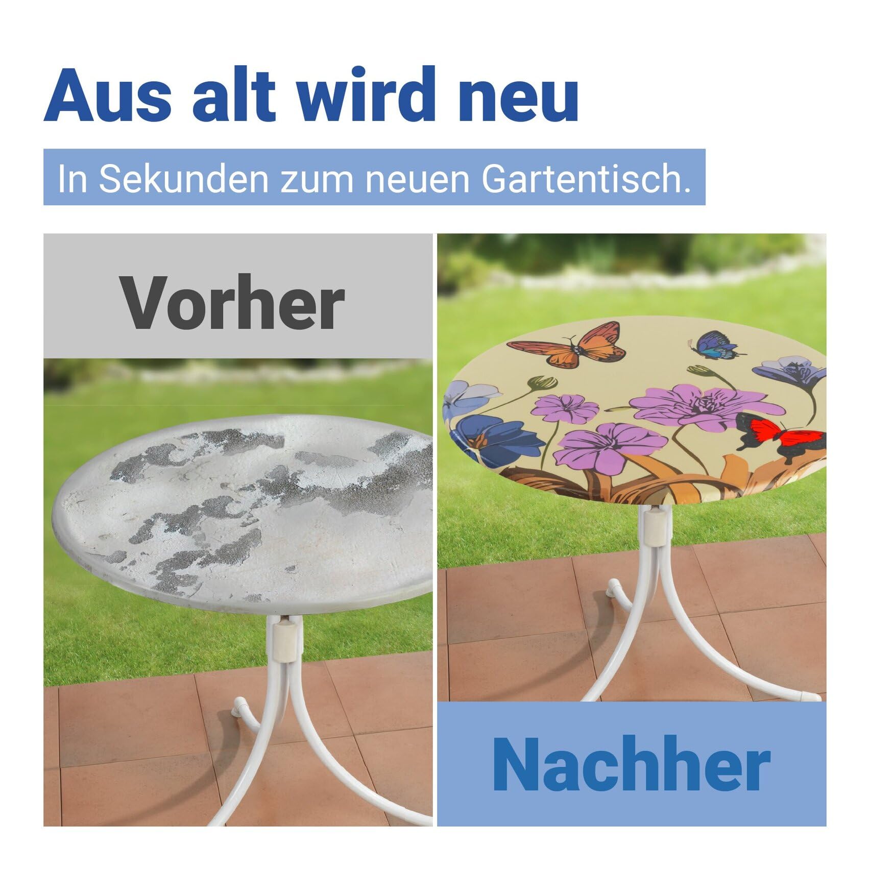 Maximex Tovaglia in plastica con elastico Ø 70-86 cm, motivo a farfalle, resistente alle intemperie e ai raggi UV, per giardino