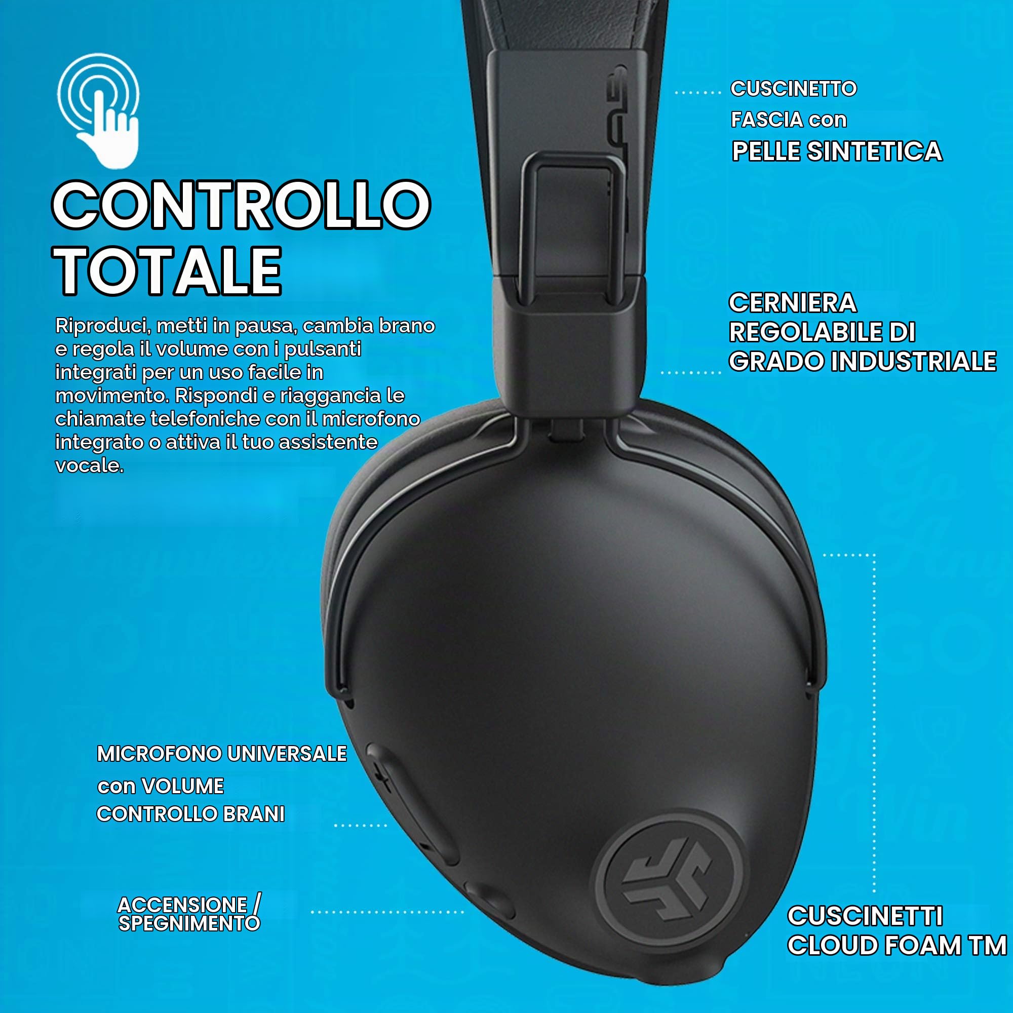JLab Studio Pro Cuffie Bluetooth Wireless - Over-Ear 50 Ore, Nero | Oltre 50 Ore di Riproduzione Bluetooth 5, Suono EQ3, Ecopelle Ultra Morbida, Padiglioni Cloud Foam, Controlli