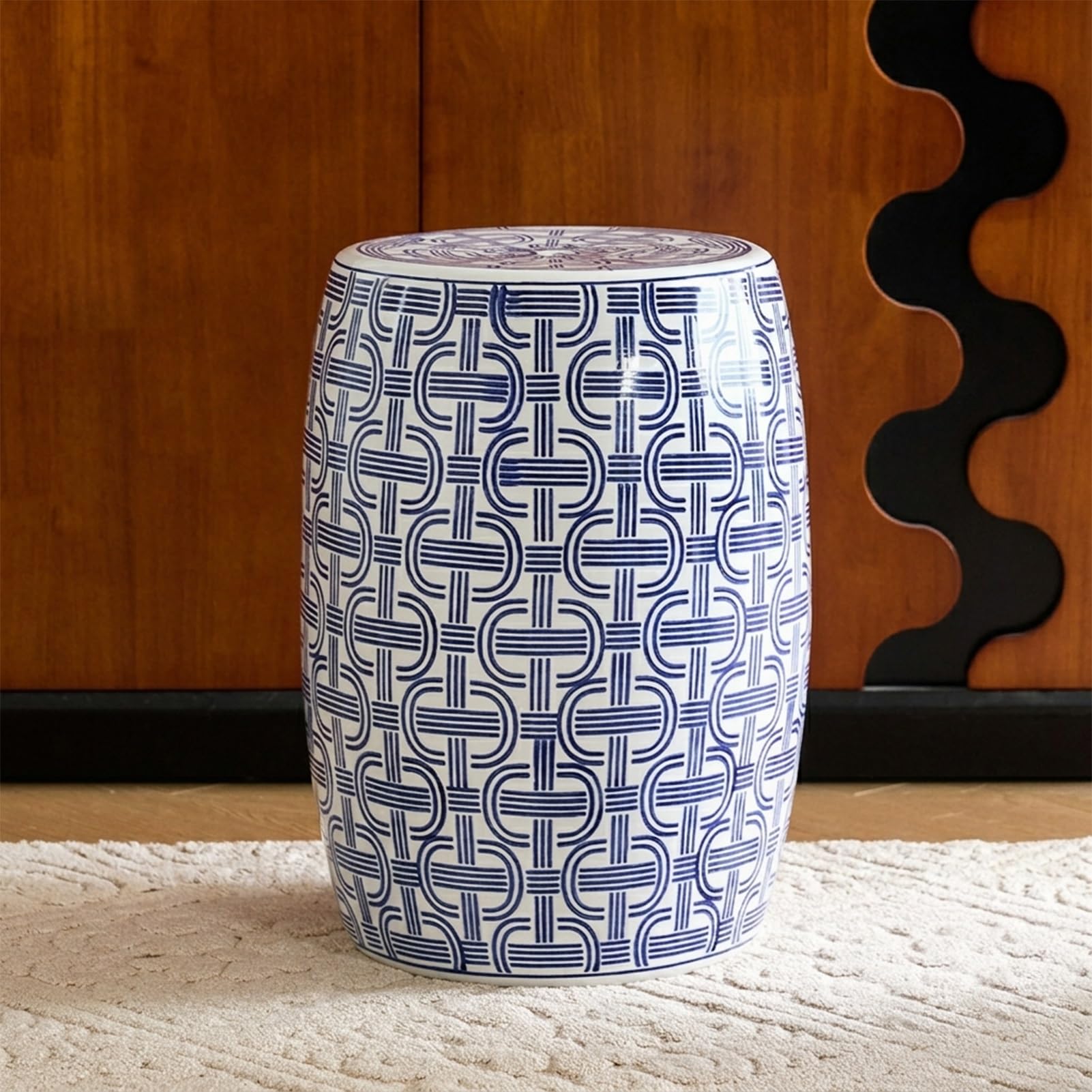 Tabouret de jardin céramique banc chinois rond bleu assise entrée