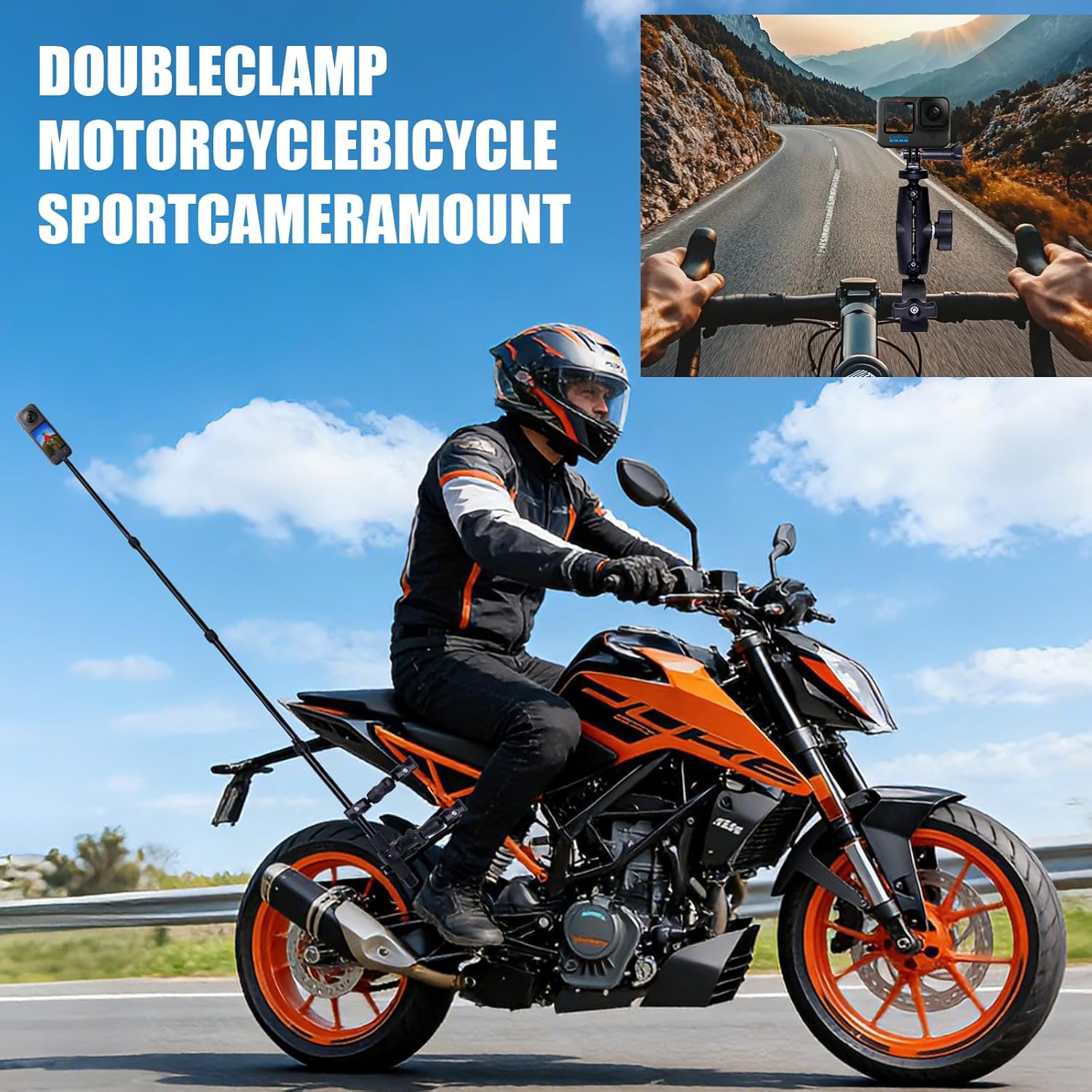 Motorcycle Mount for Insta 360 X4 X5, 59" Concealed Selfie Stick Kit, Bicycle Handlebar Clip Mount, Suitable for Motorcycles Bicycle Riding Recording, for GoPro Camera Accessories