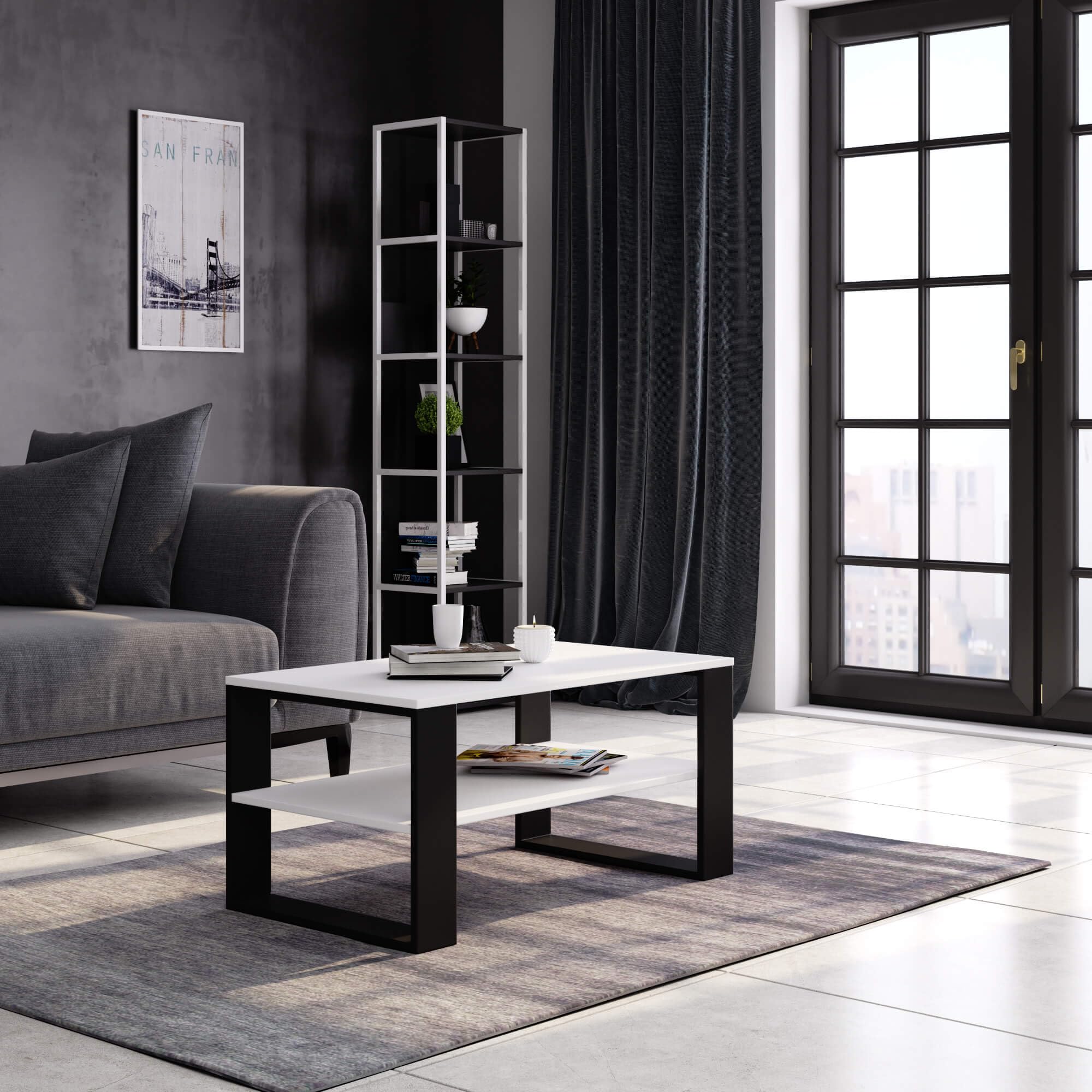 AKORD Table de Salon avec 1 étagère NOX | 92 x 45 x 53 cm | Table Basse Design Moderne | Tables Basses de Salon | Tableau Meuble de Rangement | Panneau Stratifié 16mm | Noir & Blanc
