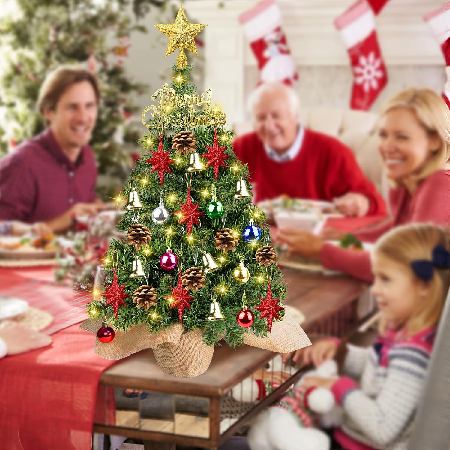 24 Inch Mini Christmas Tree, loriu Artificial Tabletop Christmas Tree, Small Xmas Pine Tree with Lights and Ornaments for Christmas Decorations Tree Decor