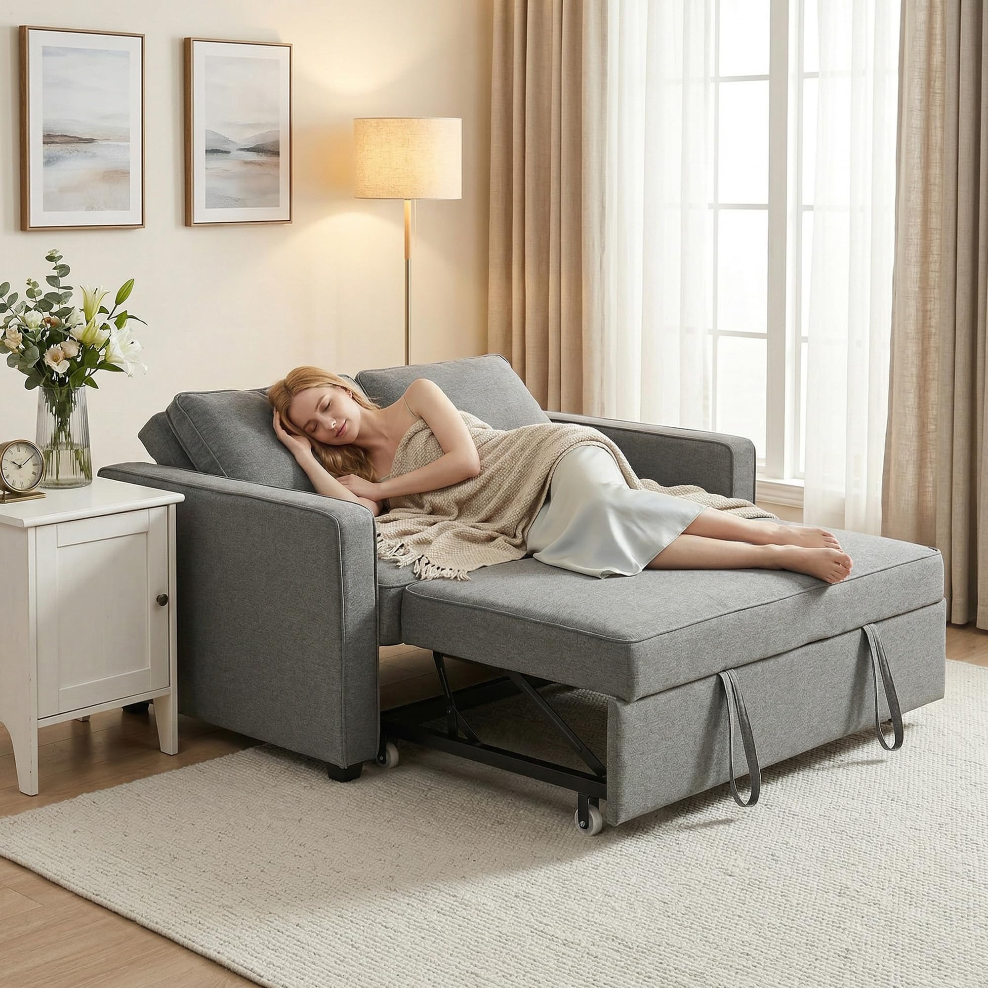 HOMCOM Divano Letto 2 Posti 3 in 1 Effetto Lino con 2 Cuscini, Divano Letto Matrimoniale Estraibile Reclinabile 3 Livelli Salvaspazio, Braccioli, Seduta Imbottita, Legno Eucalipto, Soggiorno, Grigio