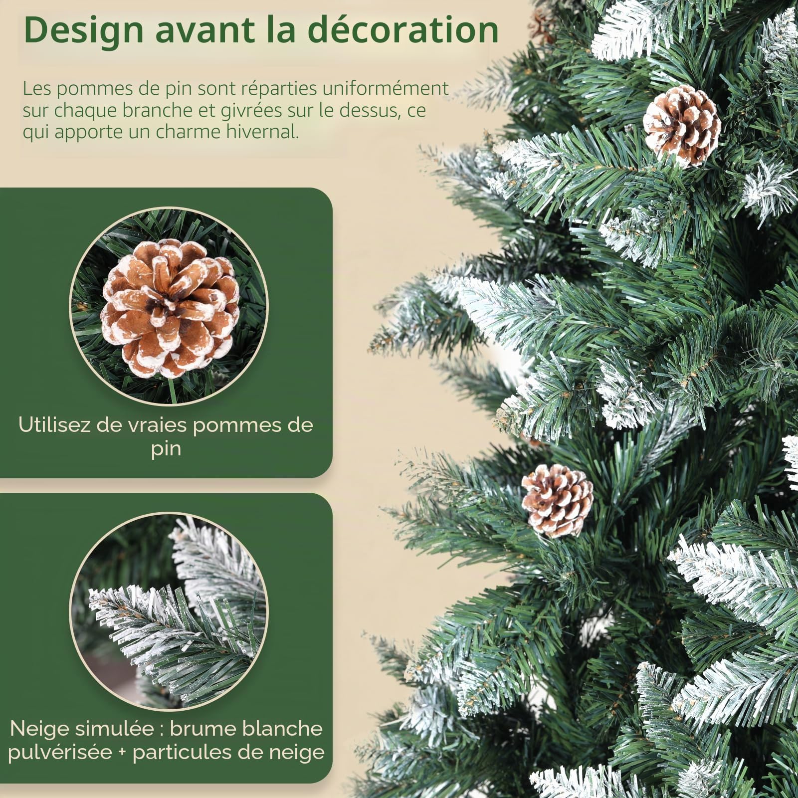 LIFERUN Sapin de Noël Artificiel 150cm, Sapin Nordmann Premium, Arbre de Noël Artificiel avec Neige Artificielle et 28PCS Vrais Cônes, 676 Branches, Aspect Hivernal, Socle en Bois, pour Noël