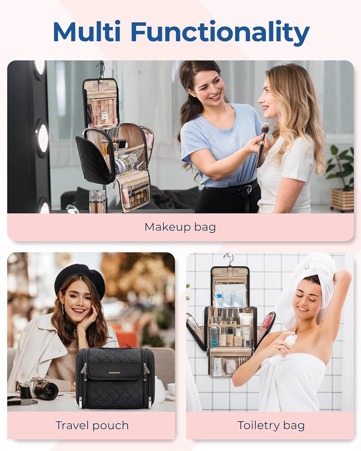 BAGSMART Makeup Bag for Women with Hanging Hook, Large Portable Capacity Water-resistant Organizer Travel Case for Toiletries and Cosmetics, Brown - Image 4