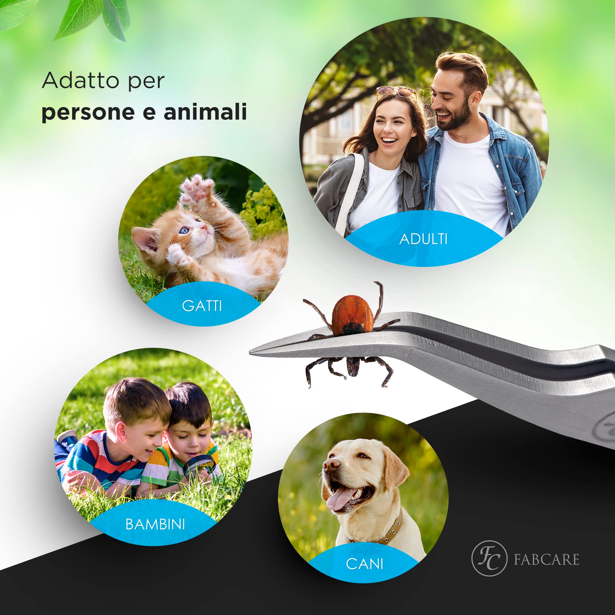 FABCARE 2 in 1 Pinza per zecche con uncino - incl. custodia, e-Book e scheda rilevamento - strumento per rimozione zecche adatto a persone, cani e gatti per un utilizzo pratico e sicuro