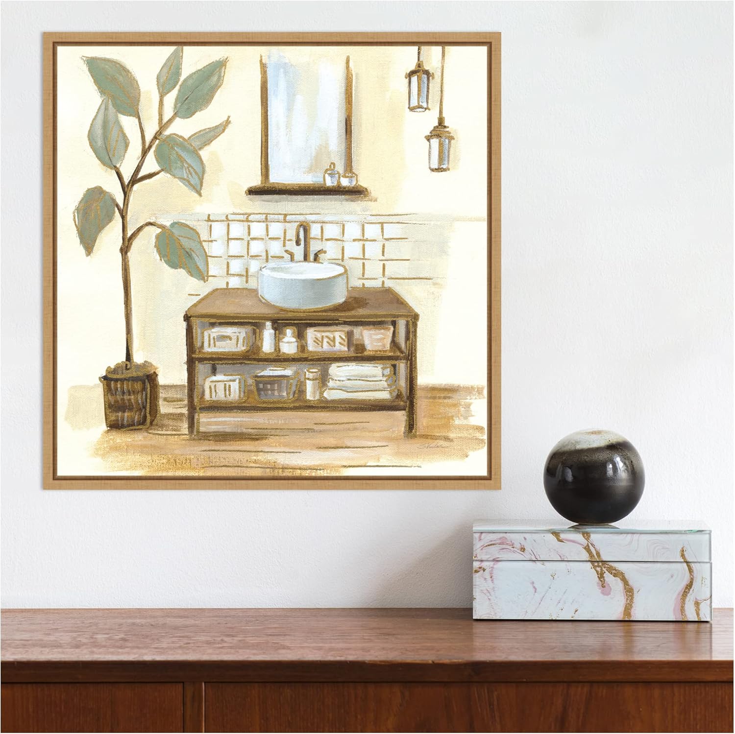 Sage Bathroom II Framed Canvas Wall Art Print 16 x 16
