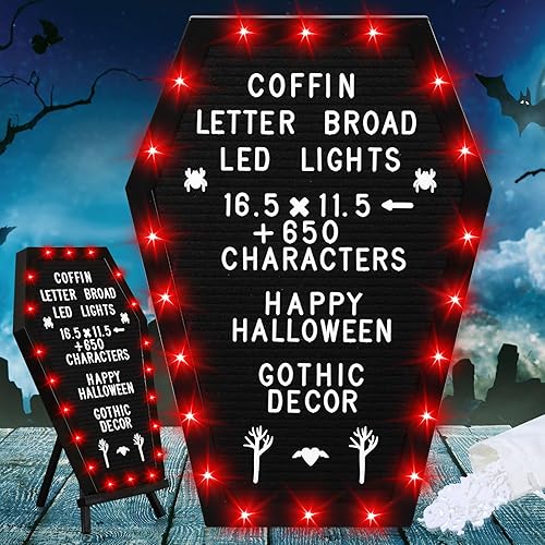 Sintuff Tablero de letras de ataúd con soporte integrado, 620 caracteres, estilo de Halloween, decoración de tablero de letras gótico espeluznante