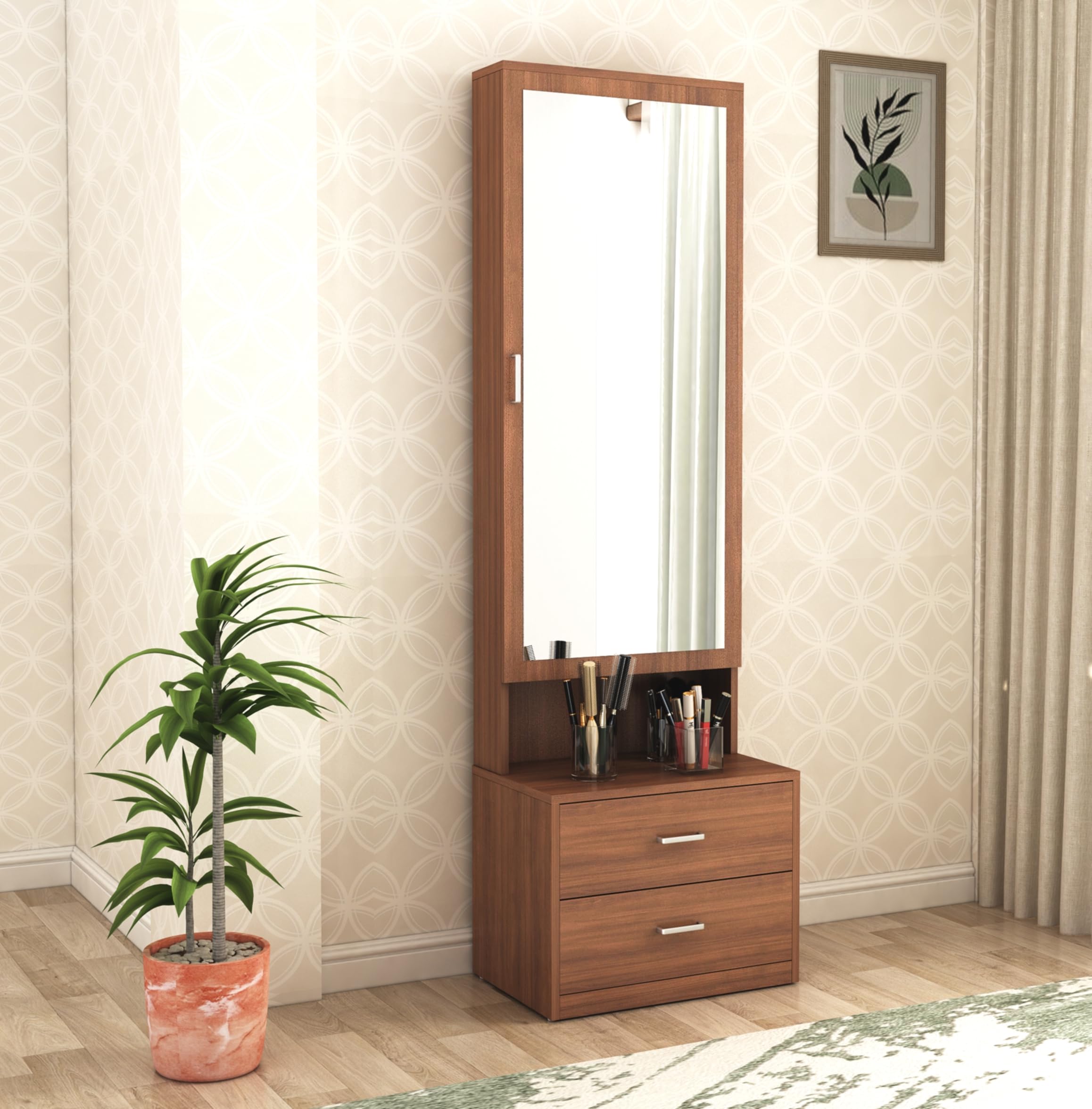 DesignFit Engineered Wood Dressing Table with Drawer and Door Storage Wooden Mirror Vanities Furniture for Bedroom Home Living Room (Walnut Finish)-image-16