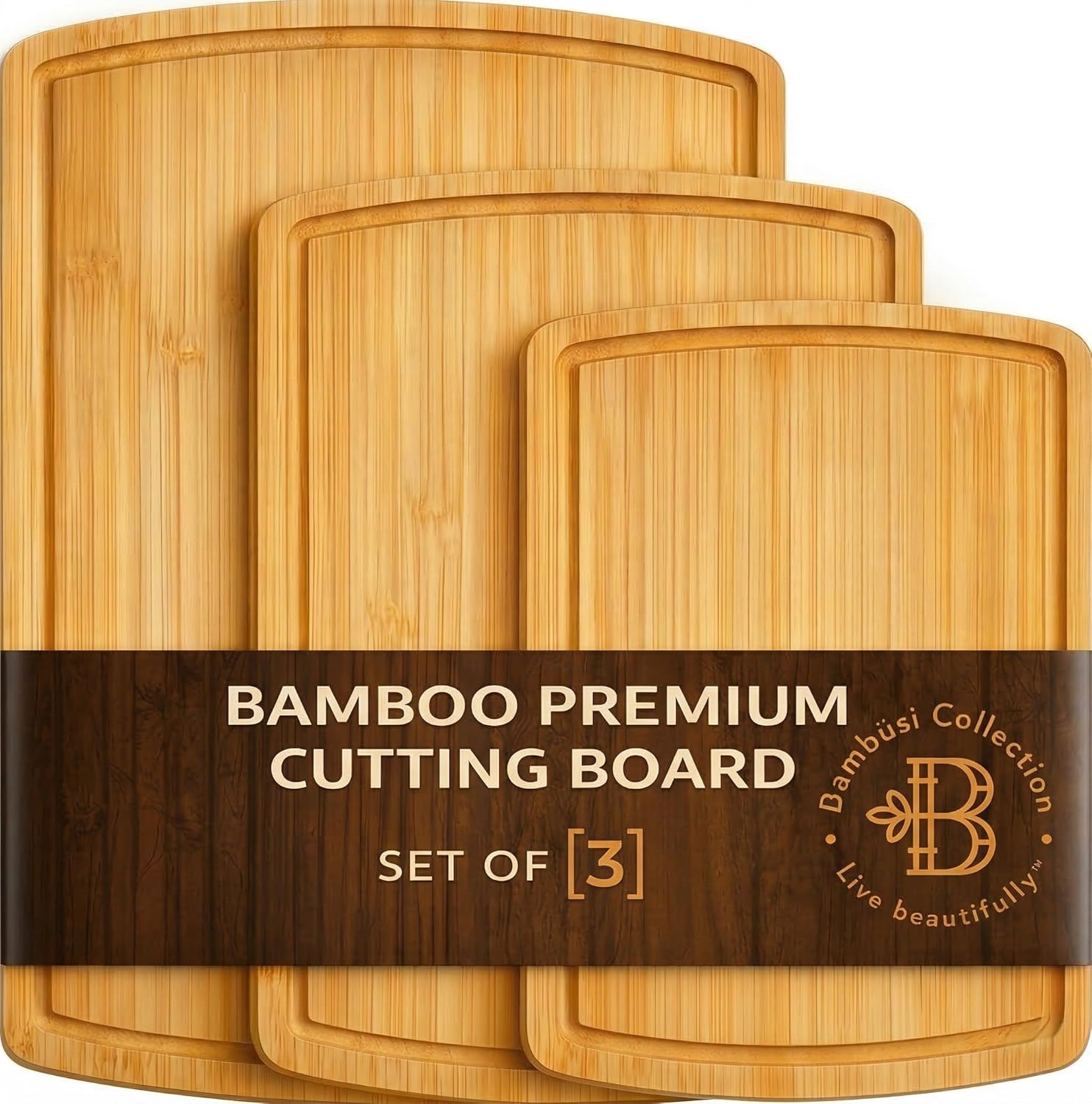 Wooden Cutting Boards for Kitchen - 3 Piece Large Bamboo Cutting Board Set with Juice Groove + Side Handles, Meat Cutting Board, Large Wooden Cutting Board, Charcuterie Board by Bambüsi
