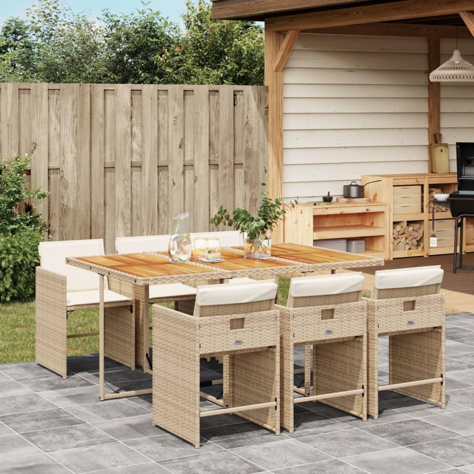 Set da Pranzo da Giardino 7 pz, Sedie con Cuscini in Polyrattan, Tavolo e Sedie Pieghevoli per Pranzo all'Aperto, Arredo da Esterno, Mobili da Giardino, Set da Esterno, Spazio Salvaspazio, Comfort Sed
