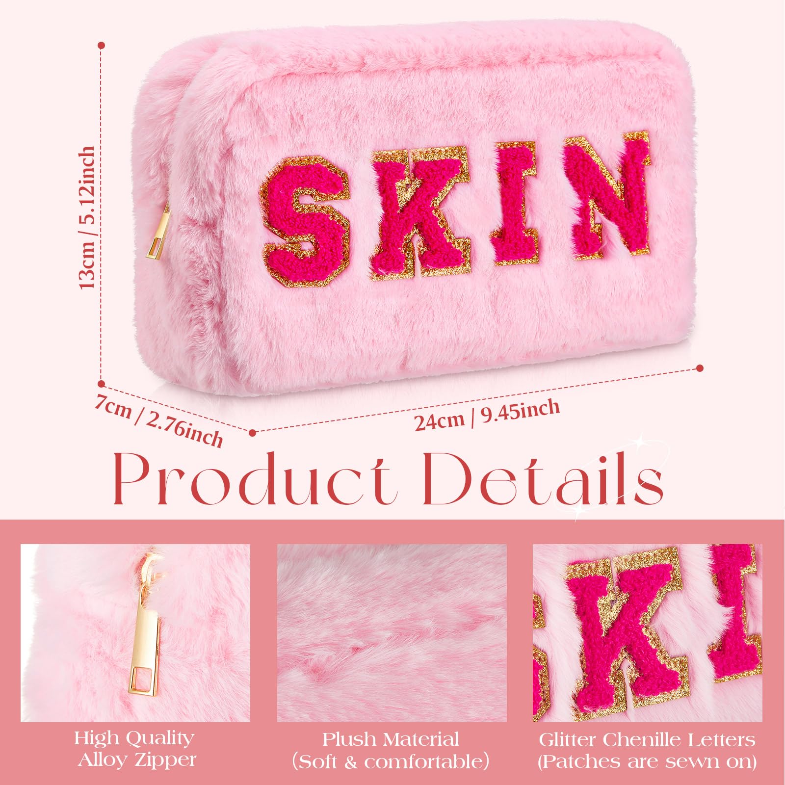 Chunful 2 Pcs Chenille Letter Preppy Makeup Bag Fuzzy Cosmetic Bag Preppy Stuff Hair Skin Face Stuff Pouch with Zipper for Women Travel Storage Organization(Pink,Watermelon Red)