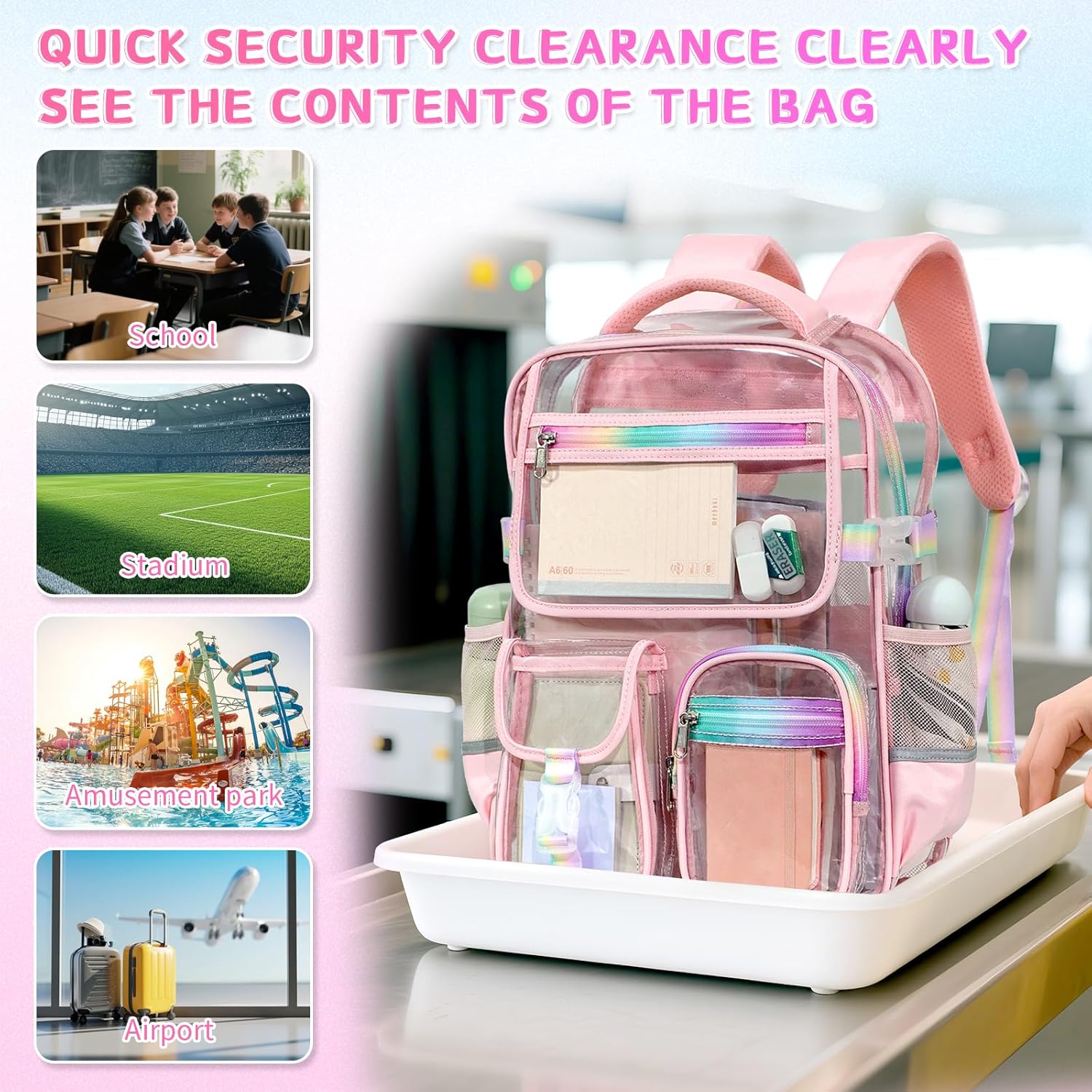 Clear Backpack for Girls with Lunch Bag, Heavy Duty Transparent Backpack Stadium Approved, TPU Waterproof Pink Bookpack with Reflective Strips, Large Clear Backbag for School Travel Work Concert - Image 4