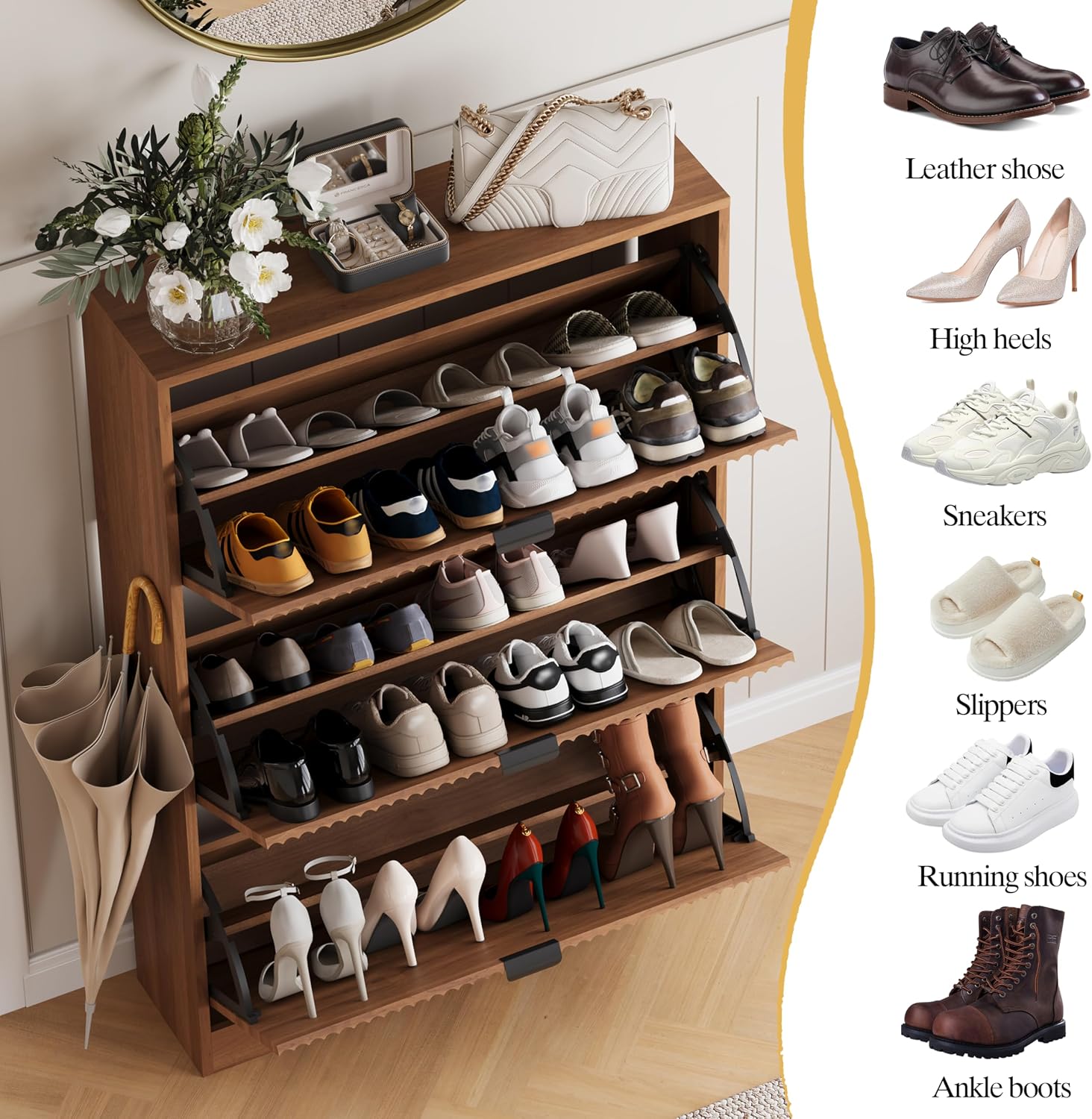 Shoe Cabinet Storage for Entryway with 3 Flip Drawers, Walnut Fluted Shoe Cabinet with Adjustable Shelves, Wooden Hidden Shoe Rack Freestanding Narrow Slim Shoes Storage for Hallway, Entrance