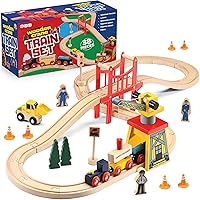 Play22 38-Piece Wooden Train Set for Toddlers 3-4 Years - Tracks, Magnetic Crane, Bridge, Bulldozer & Accessories, Compatible with All Brands