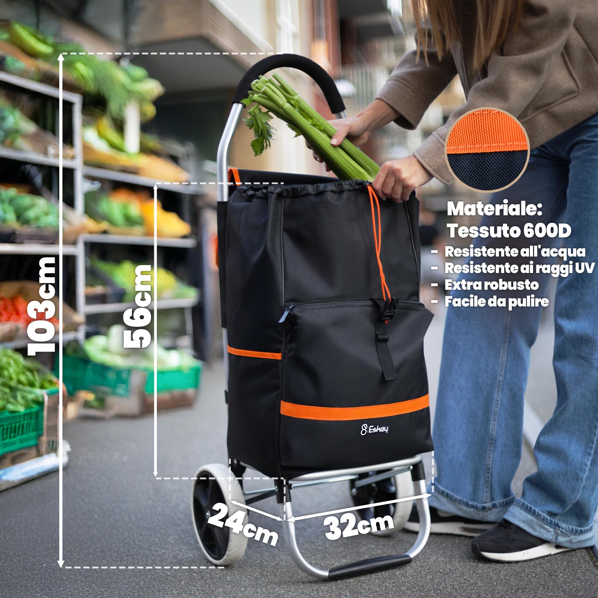 Eskey Carrello per la spesa con vano frigo, pieghevole, pieghevole, impermeabile, 50 l, catarifrangenti