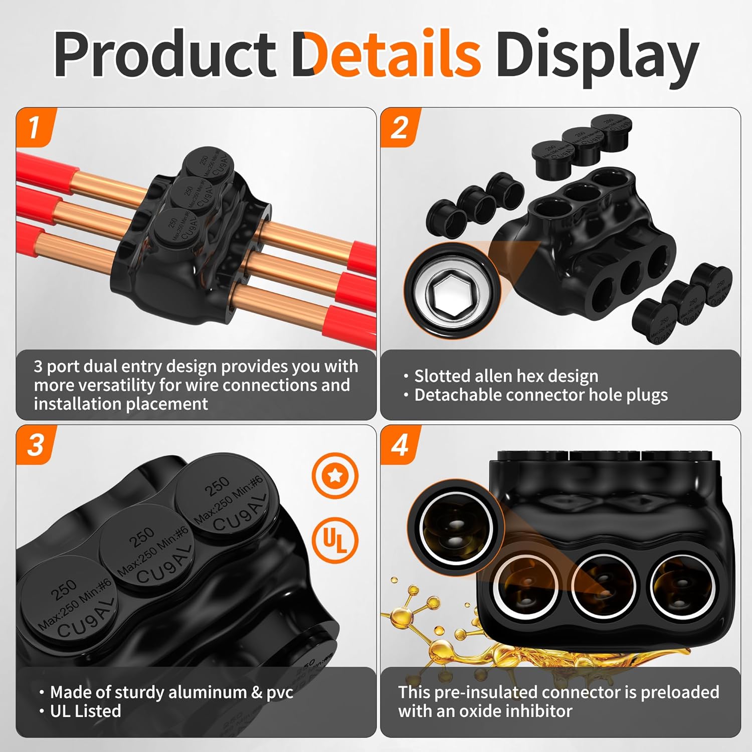 Joinfworld 3 Port Insulated Multi Tap Connector 250MCM-6 Gauge Wire Connectors Aluminum to Copper Wire Connectors Dual Entry Black Electrical Cable Connectors with Slotted Allen Hex - 4 Pack