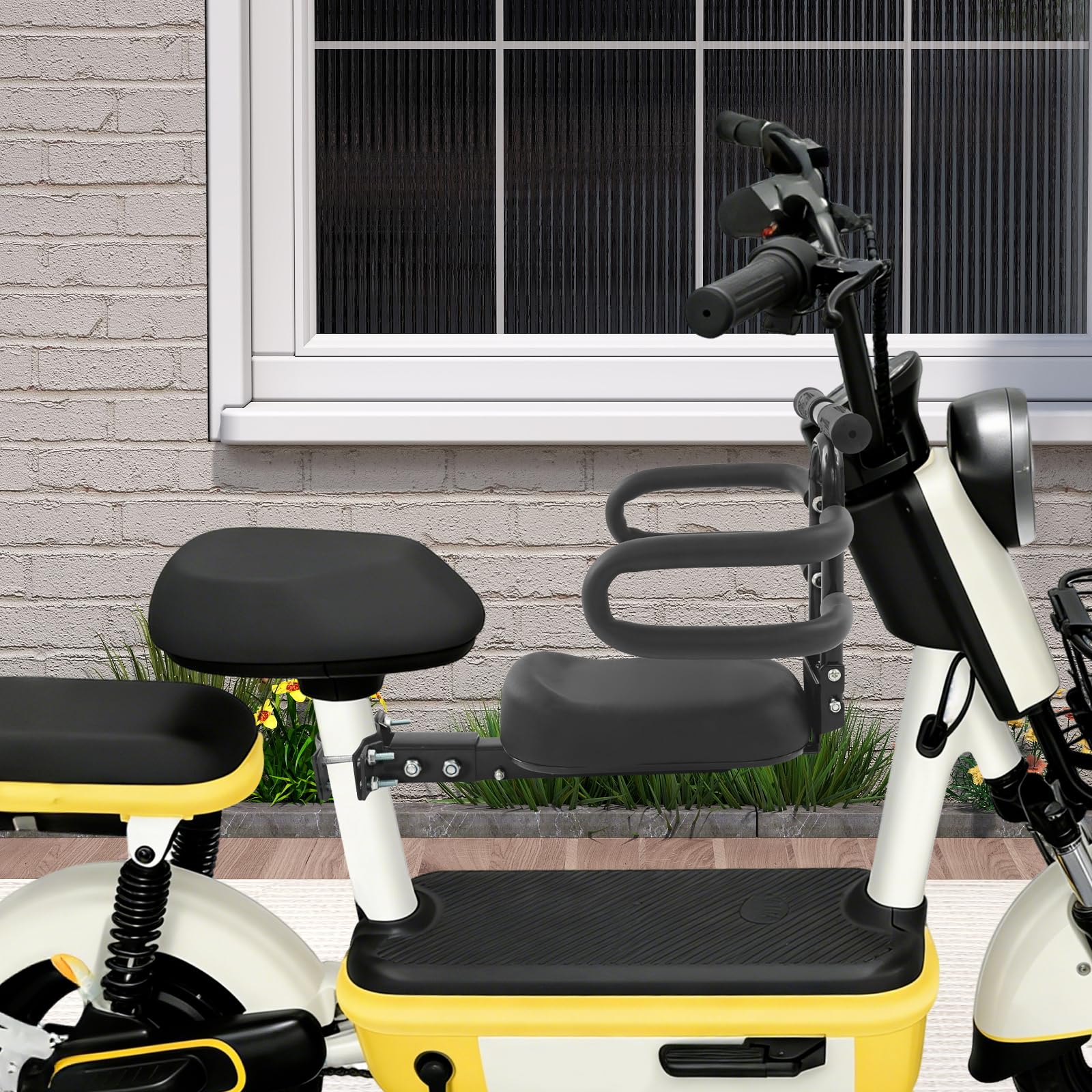 Fahrradkindersitz, Klappbarer Sitz für Elektroroller, Sitz verstellbar, Faltbar, Front Mounted Scooter, Karbonstahl, Verwendung in der Stadt, Reisen, Spaziergang, bis 30kg