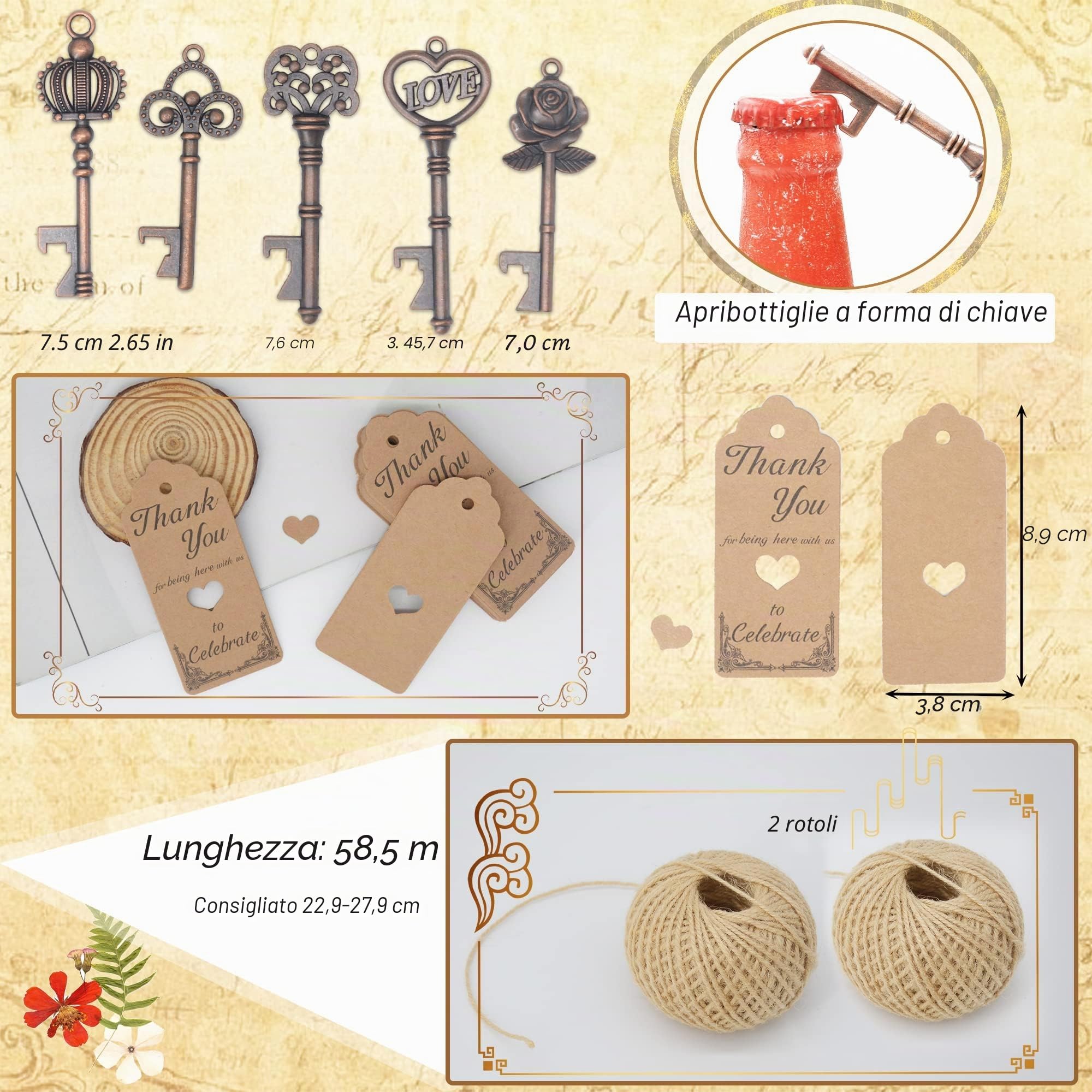 100 piccoli apribottiglie vintage in metallo con etichetta di ringraziamento e spago, accessorio divertente multiuso per compleanni, bomboniere, portachiavi, idee regalo per gli ospiti