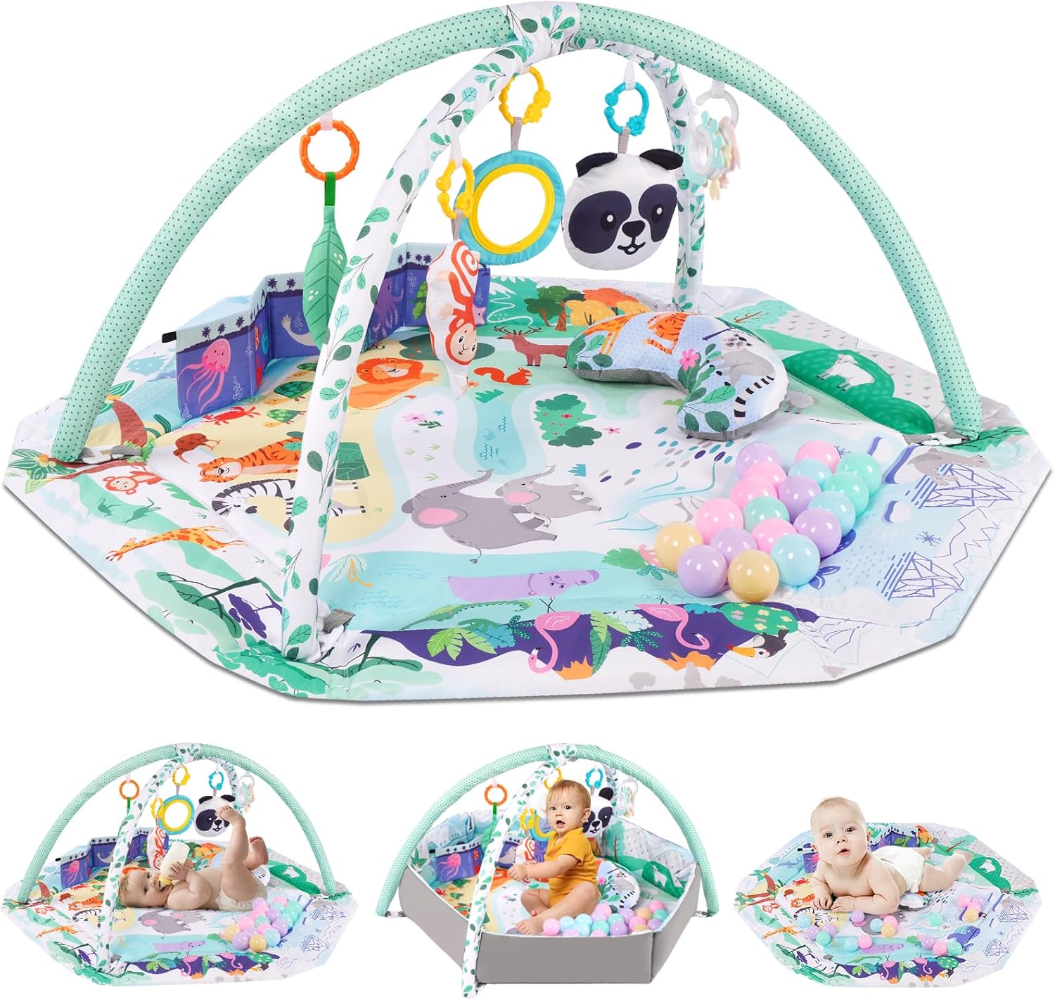 Baby Gym Play Mat, 8-in-1 Tummy Time Mat with Ball Pit Detachable Toys for Newborn Stage-Based Sensory and Motor Skill Development, Washable Baby Play Activity Mats for Floor, Baby Essentials Gift