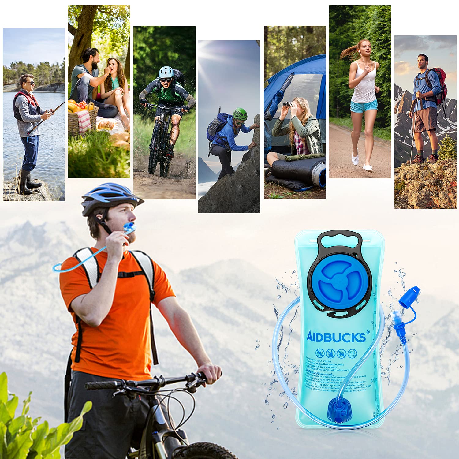 AIDBUCKS 2L Sacca Idratazione Sacca del' Acqua Sistema di Idratazione Vescica Portatile con Valvola Mordente - BPA Gratuito Antibatterico per Zaino Idratazione, Ciclismo, Escursionismo, Camminata