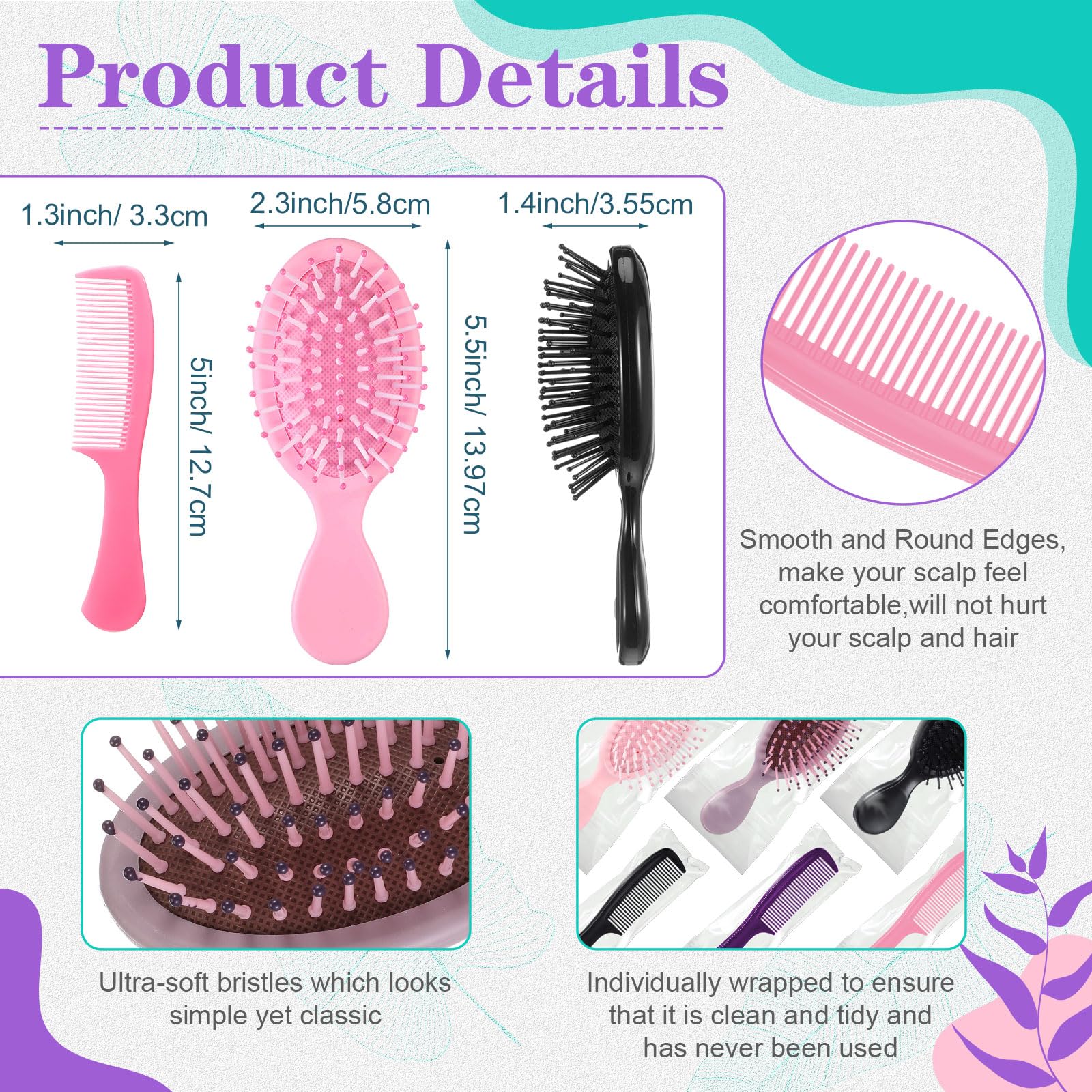 FillTouch Juego de 48 mini cepillos y peines para el cabello a granel para personas sin hogar envueltas individualmente, pelo rizado grueso, largo, alisador, cepillo desenredante para mujeres,