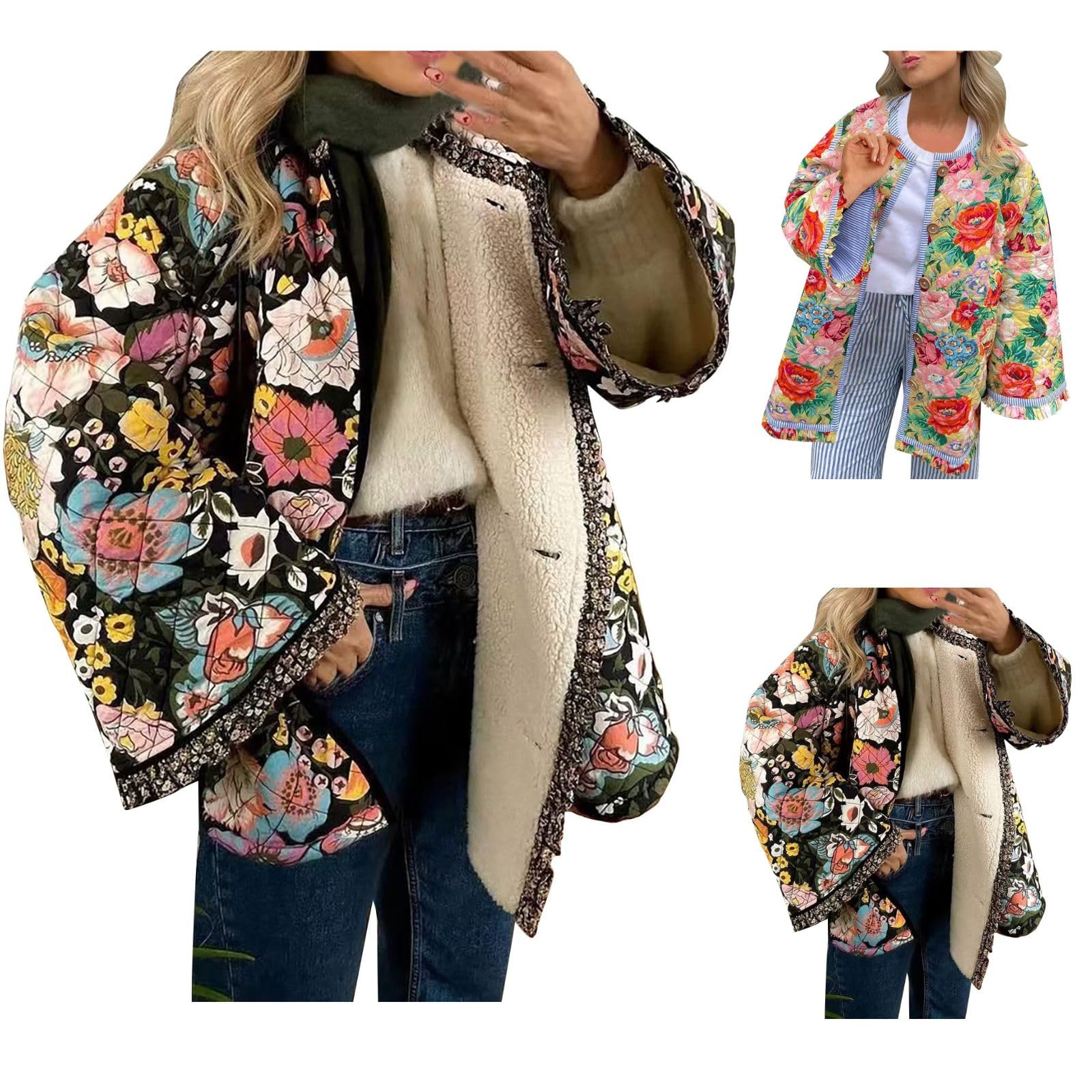 AMDOLEWomen's Cropped Puffer Quilted Jacket Lightweight Floral Print Short Padded Coat Open Front Cardigan Outwear