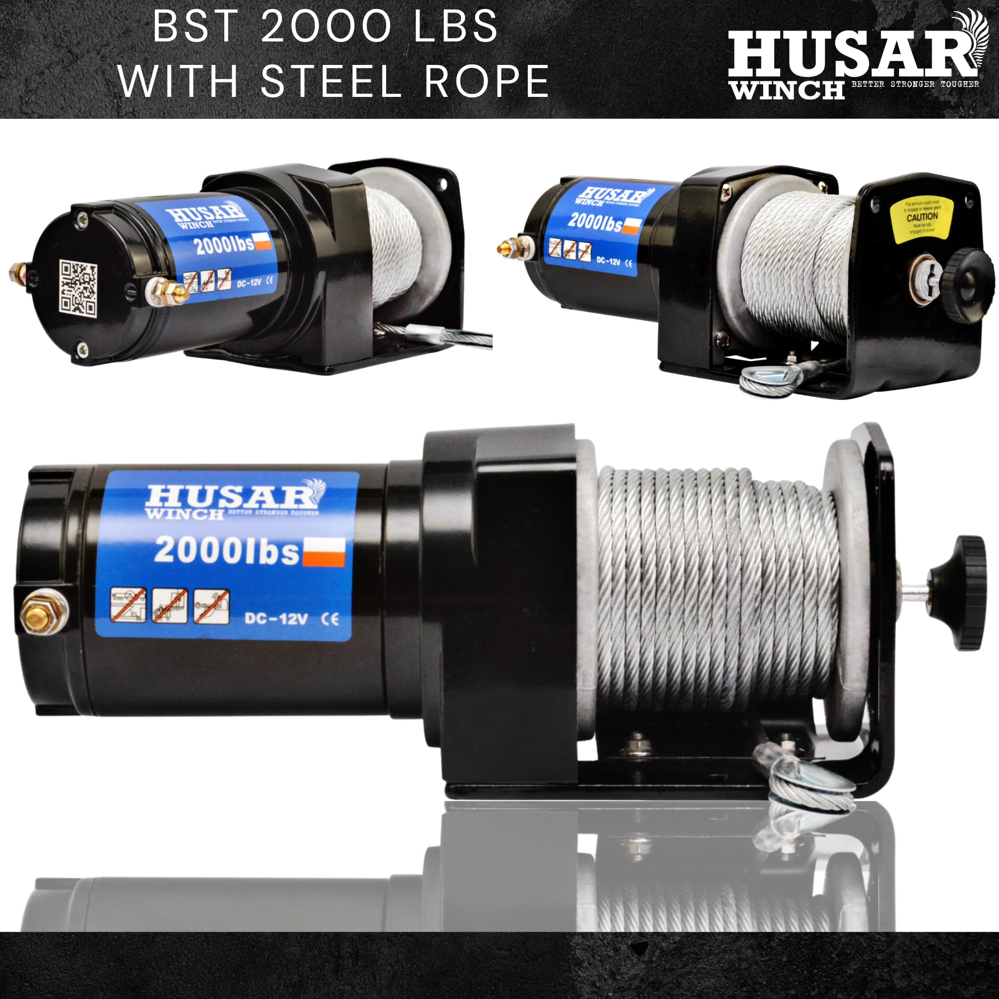 Husar Winch Elektrische lier 12 V, 3500 lbs | 1587 kg, 12 m staalkabel, zeer sterk, draadloze bediening, planetair tandwiel, automatische rem, montagekit - ideaal voor ATV/UTV