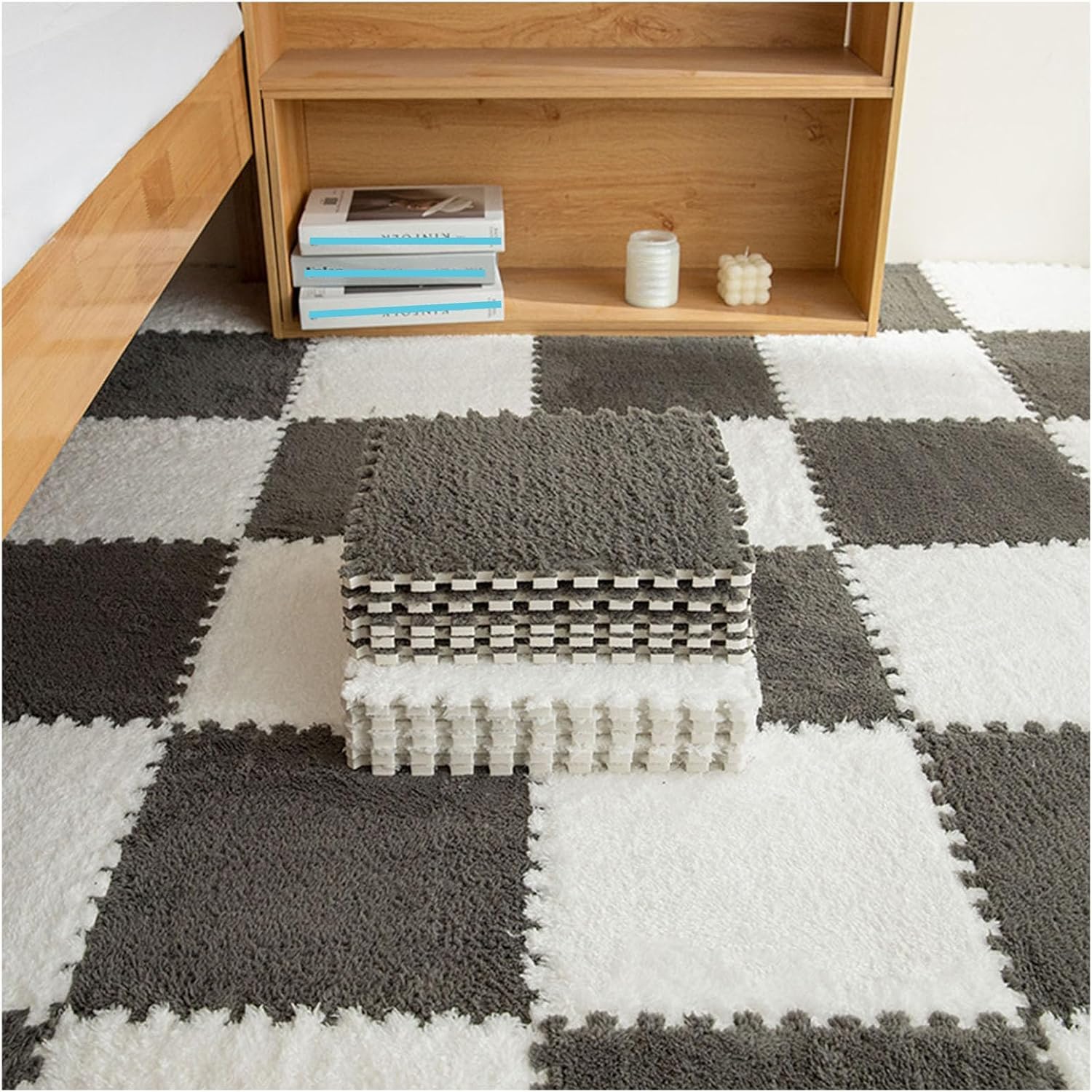 LoiYtrd 10pcs Plush Foam Interlocking Floor Mat DIY Cuttable Foam Mat Tiles 30x30x1cm Fuzzy Carpet Tiles(White+Gray)