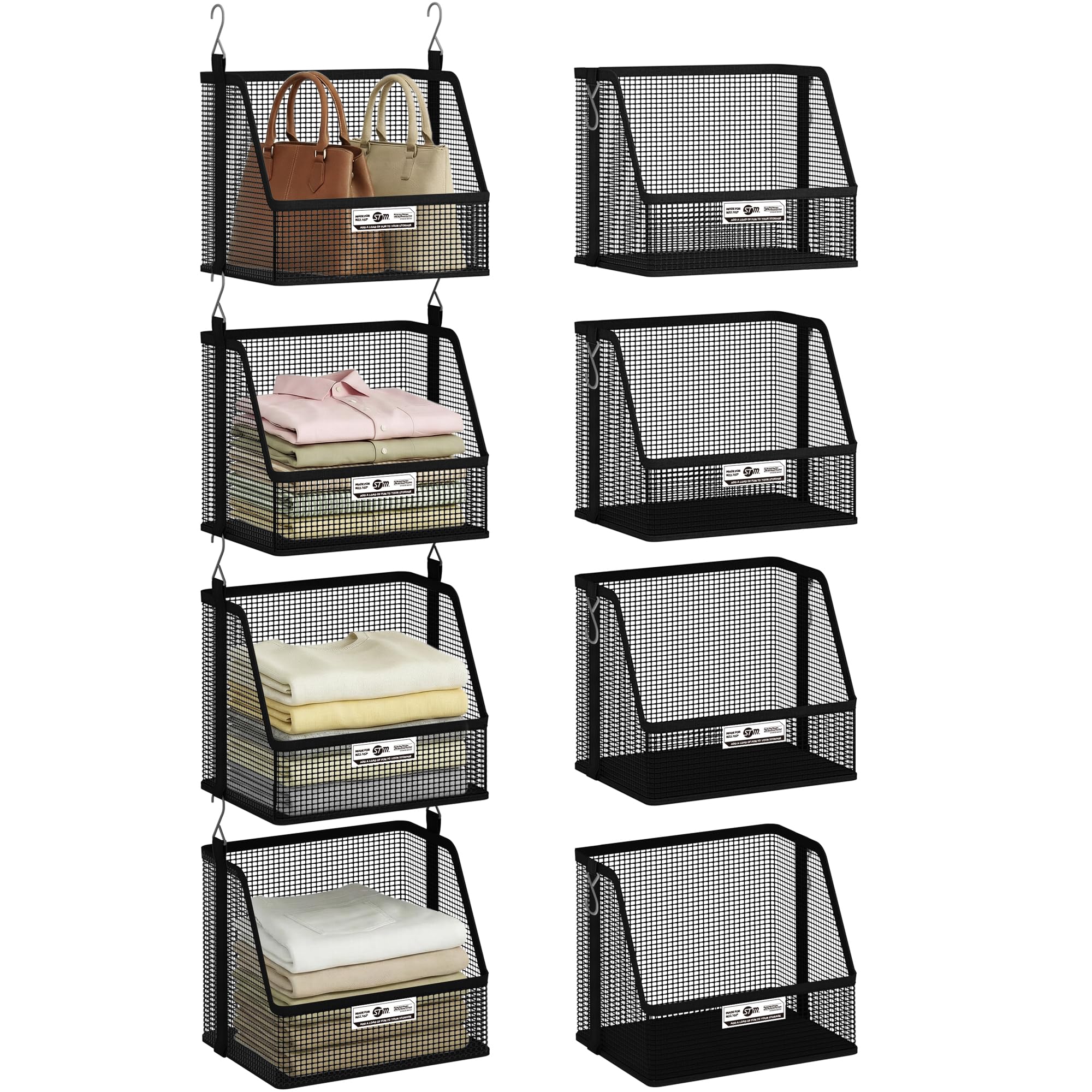 STORAGE MANIAC 4 Tier Hanging Closet Organizer with Mesh Baskets, Clothes Hanging Shelves, Foldable Stackable Storage, Space-Saving Collapsible Basket