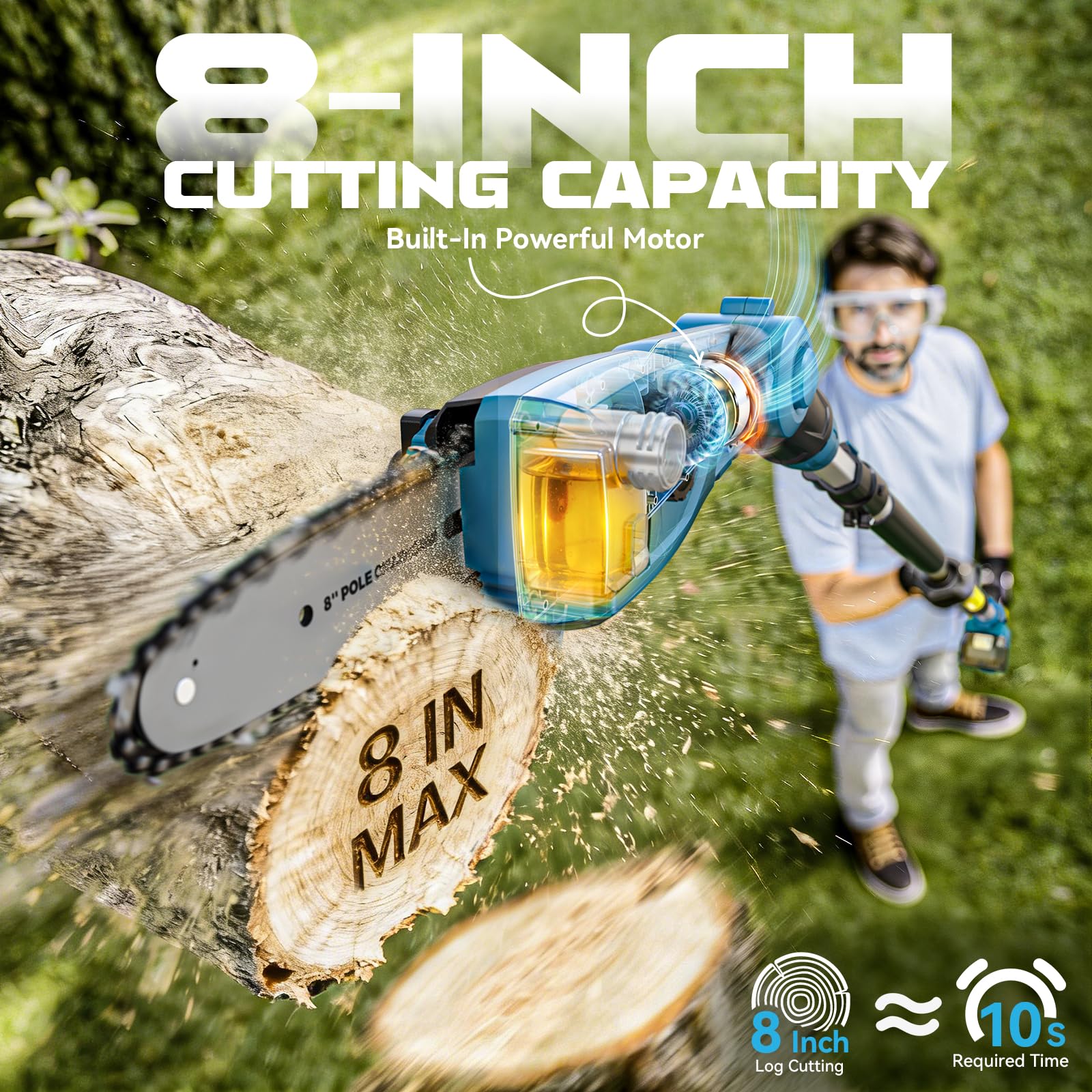 LIVOWALNY Akku Hochentaster kompatibel mit Makita 18V Akku, 8 Zoll Kettensäge mit Teleskopstange 2,1–2,7 m, 26 ft/s, automatischer Ölung, werkzeuglose Kettenspannung, 0–45° Schneidkopf (ohne Akku)