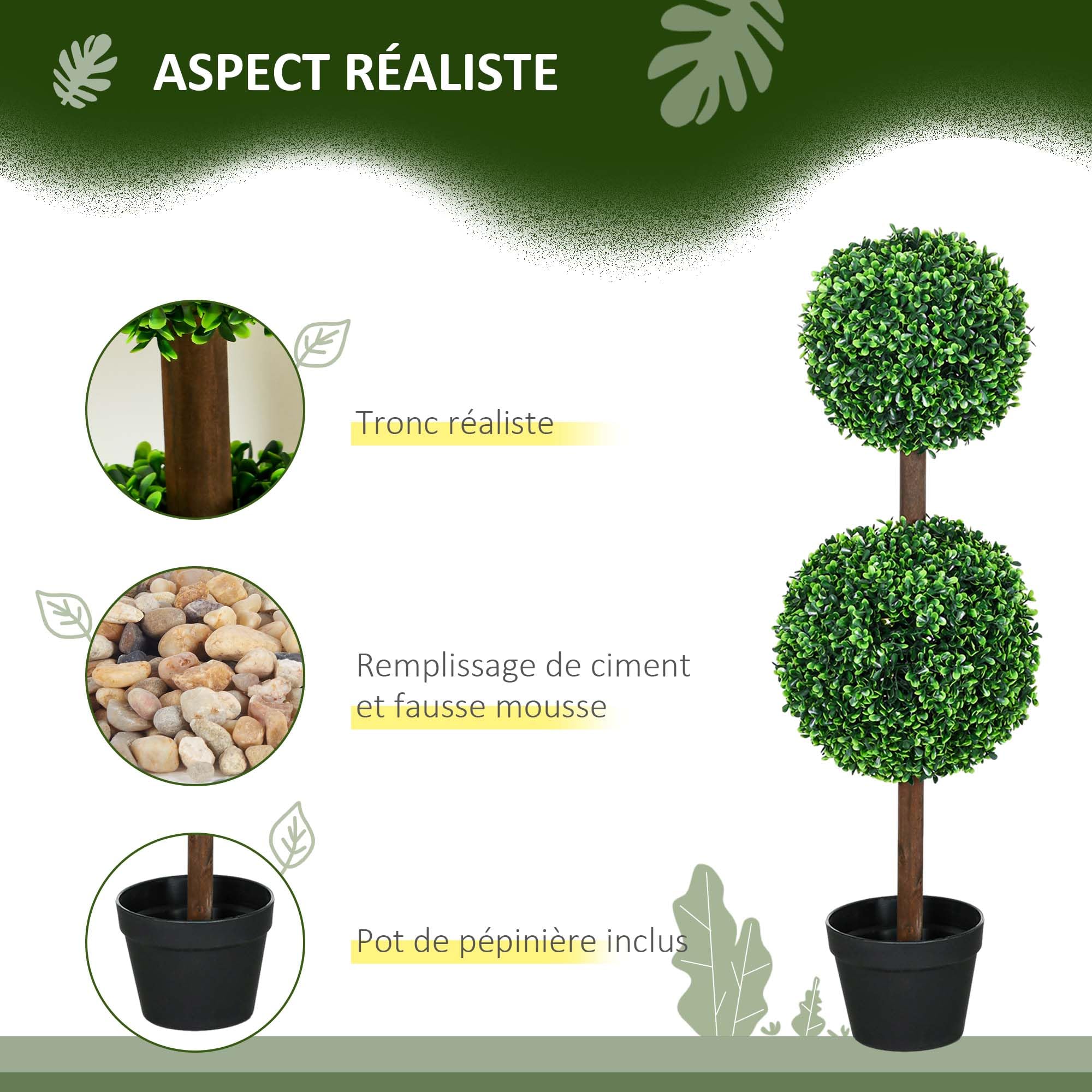 HOMCOM Lot de 2 Arbres Buis Artificiel Double Boules avec Tronc et Pot - Hauteur 90 cm Vert