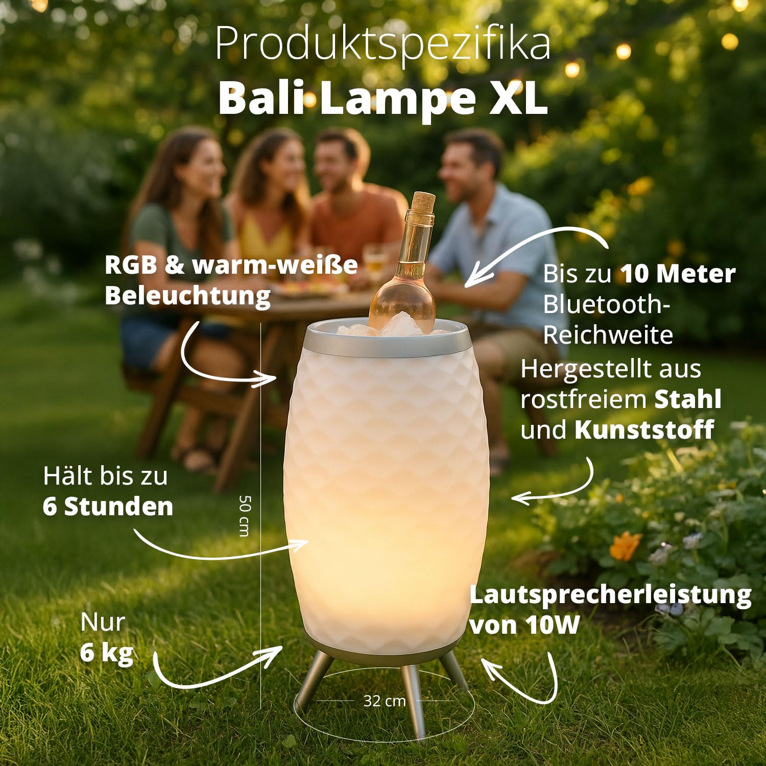 FLINQ Tragbarer Bluetooth Lautsprecher LED Lampe Bali - Weiß - XL | Mit Weinkühler - Bluetooth Box - Spritzwasserdicht - Für Innen und Außen