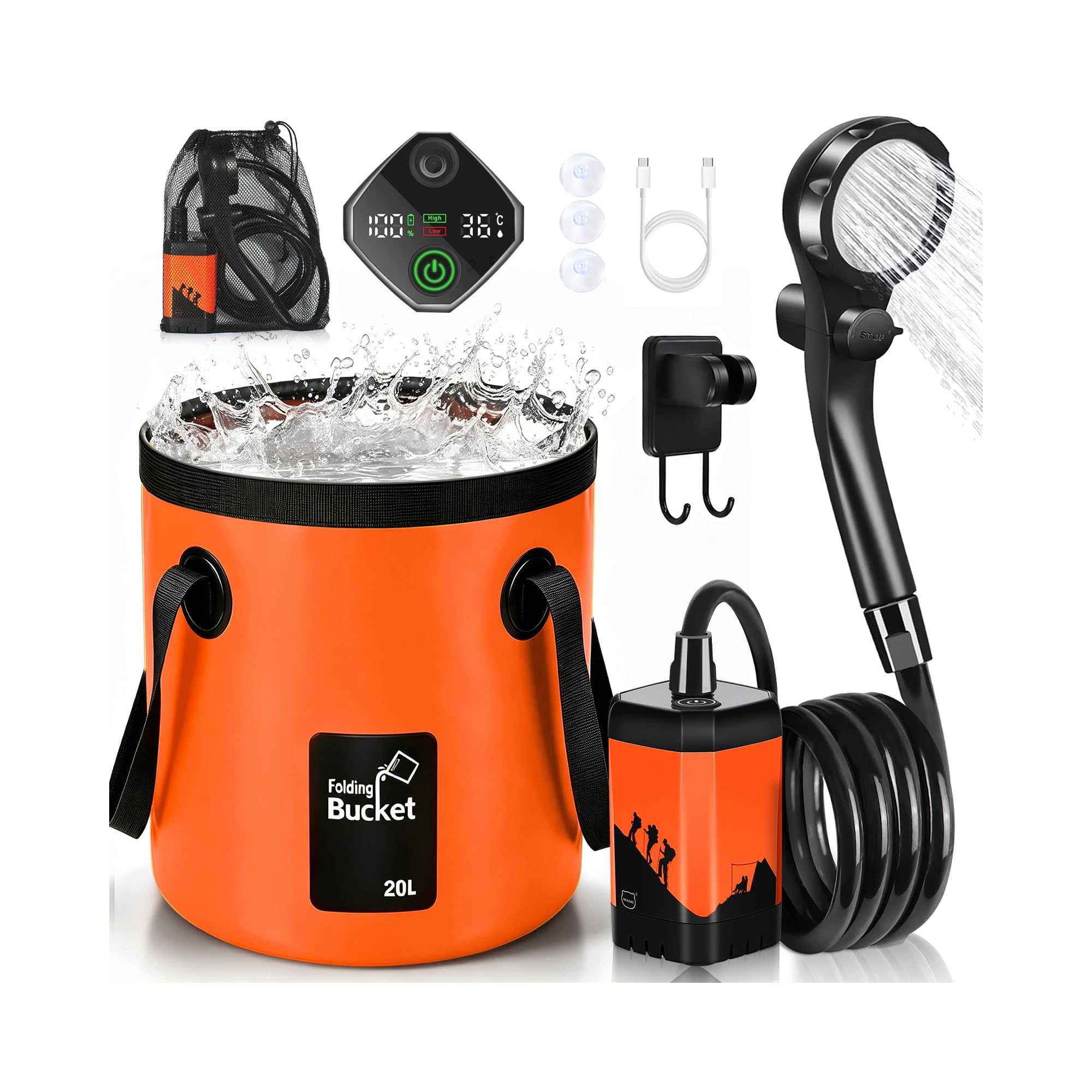 7800mAh Portable Camping Shower with Bucket, Digital Display & Temperature — image 1