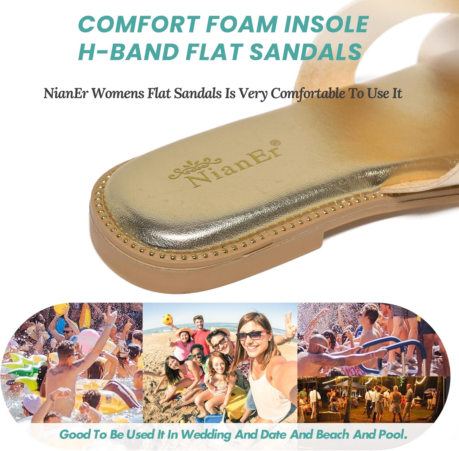 NianEr Womens Microfiber Leather Memory Foam Support H Sandals Dress Dressy Slip On Casual Cute Comfort Bride Bridal Wedding Designer Date Flat Sandals Summer Shoes Slides - Image 2