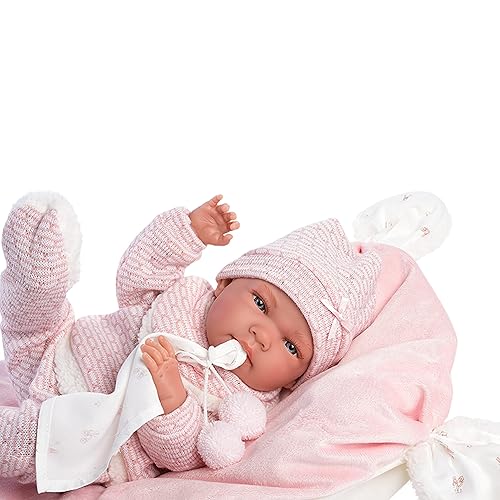 Miniatura 6 de Muñeca Nica con ojos azules y cuerpo de vinilo, muñeca bebé con traje rosa, manta de abrazo, chupete, cadena ficticia y cojín suave, 15.7 in