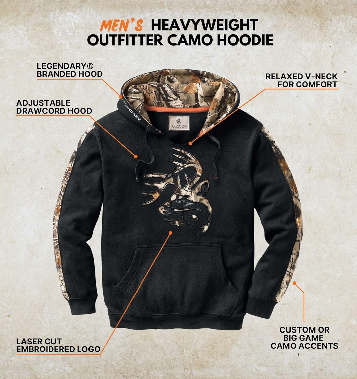 Legendary Whitetails Men’s Camo Hoodie Midweight V-Neck Design Pullover Sweatshirt - Image 4