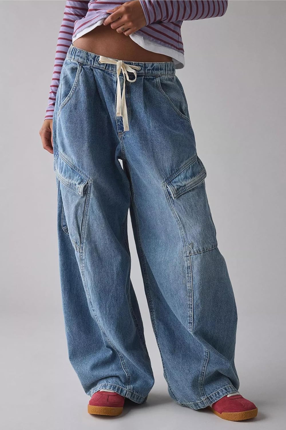 yoeasy Womens Baggy Wide Leg Jeans Drawstring Elastic High Waisted Boyfriend Streetwear Vintage Loose Denim Pants